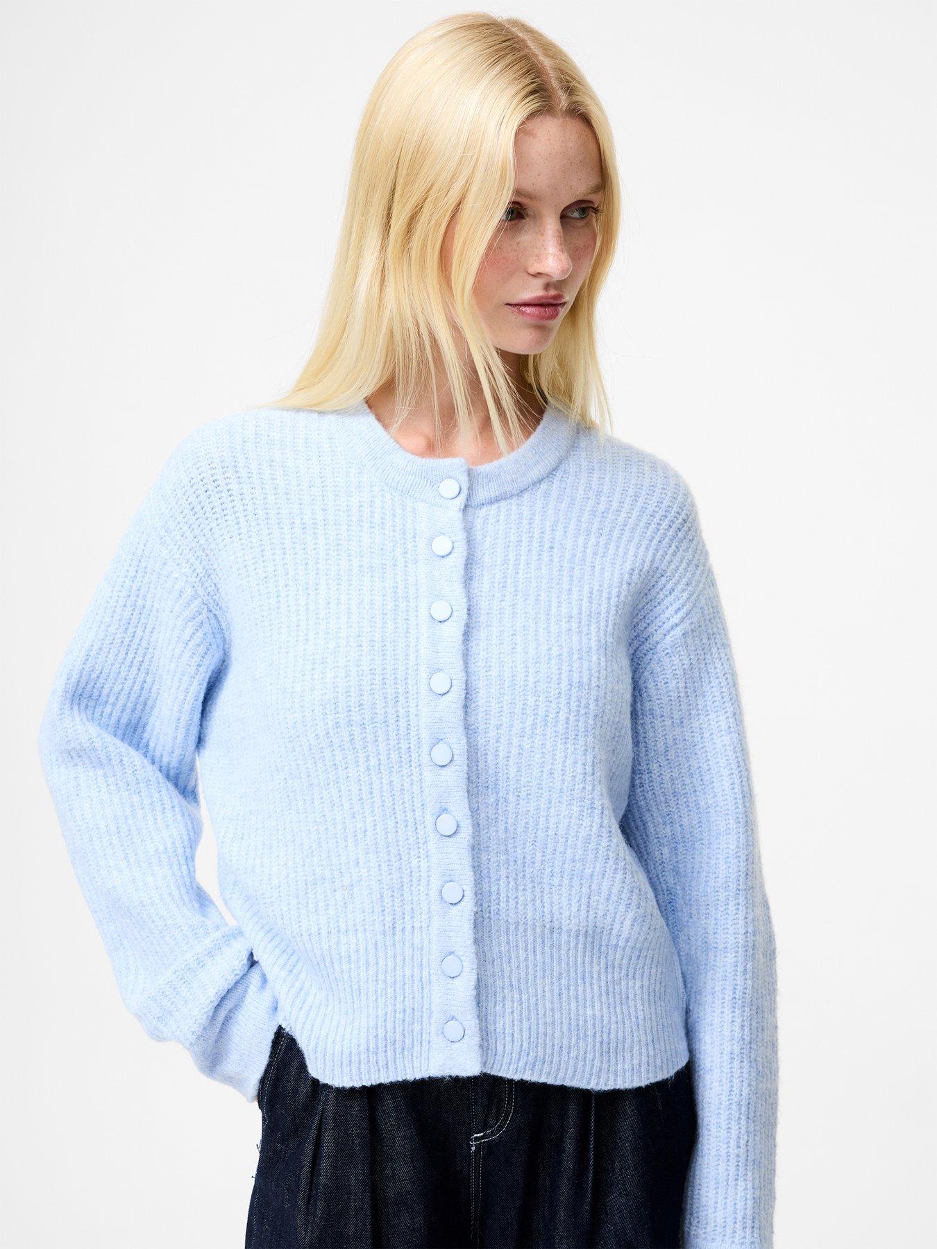 french-connection-ribbed-knit-long-sleeve-button-up-cardigan-blue