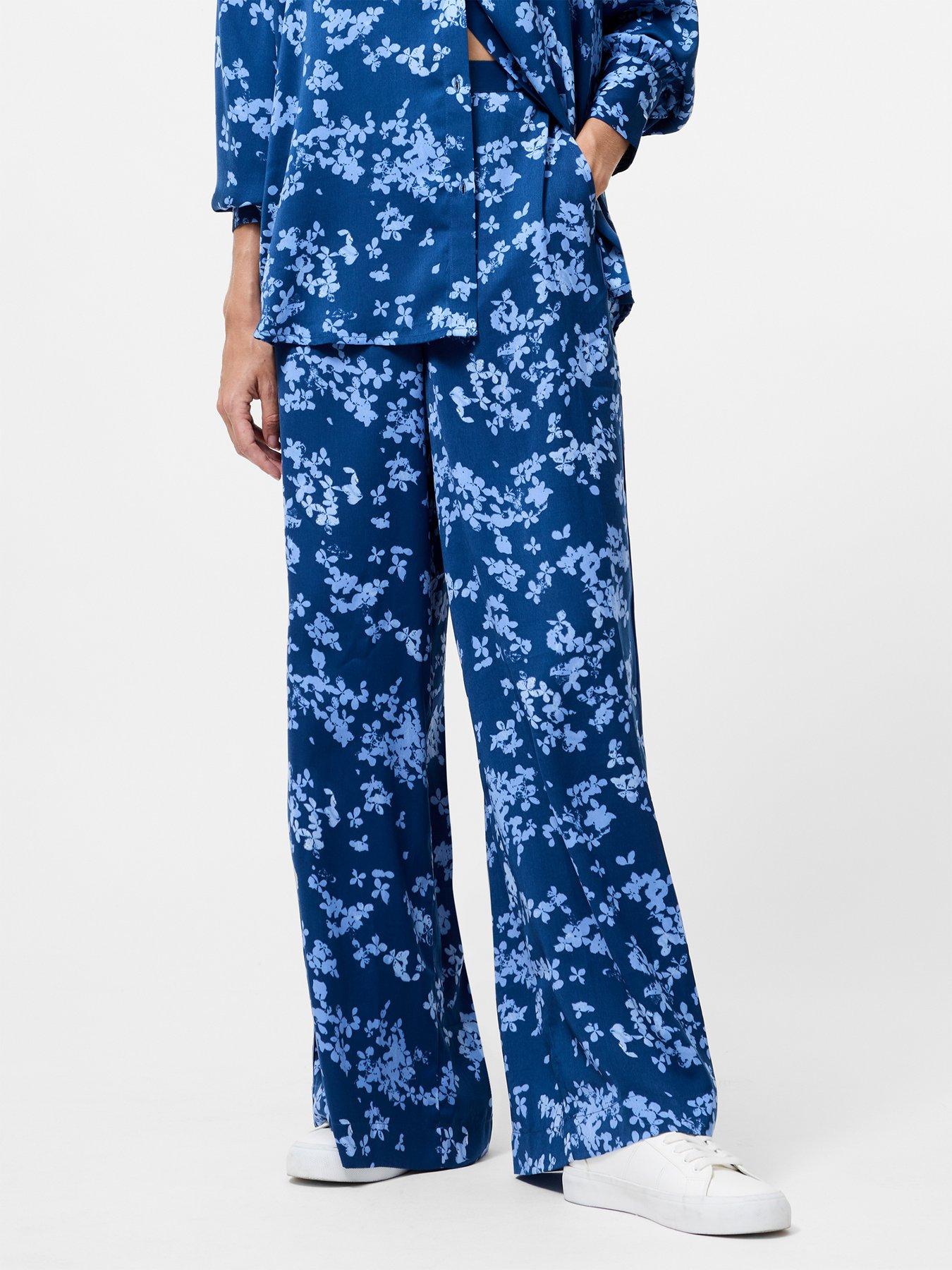 French Connection Floral Print High Waist Straight Leg Floaty Trousers - Blue