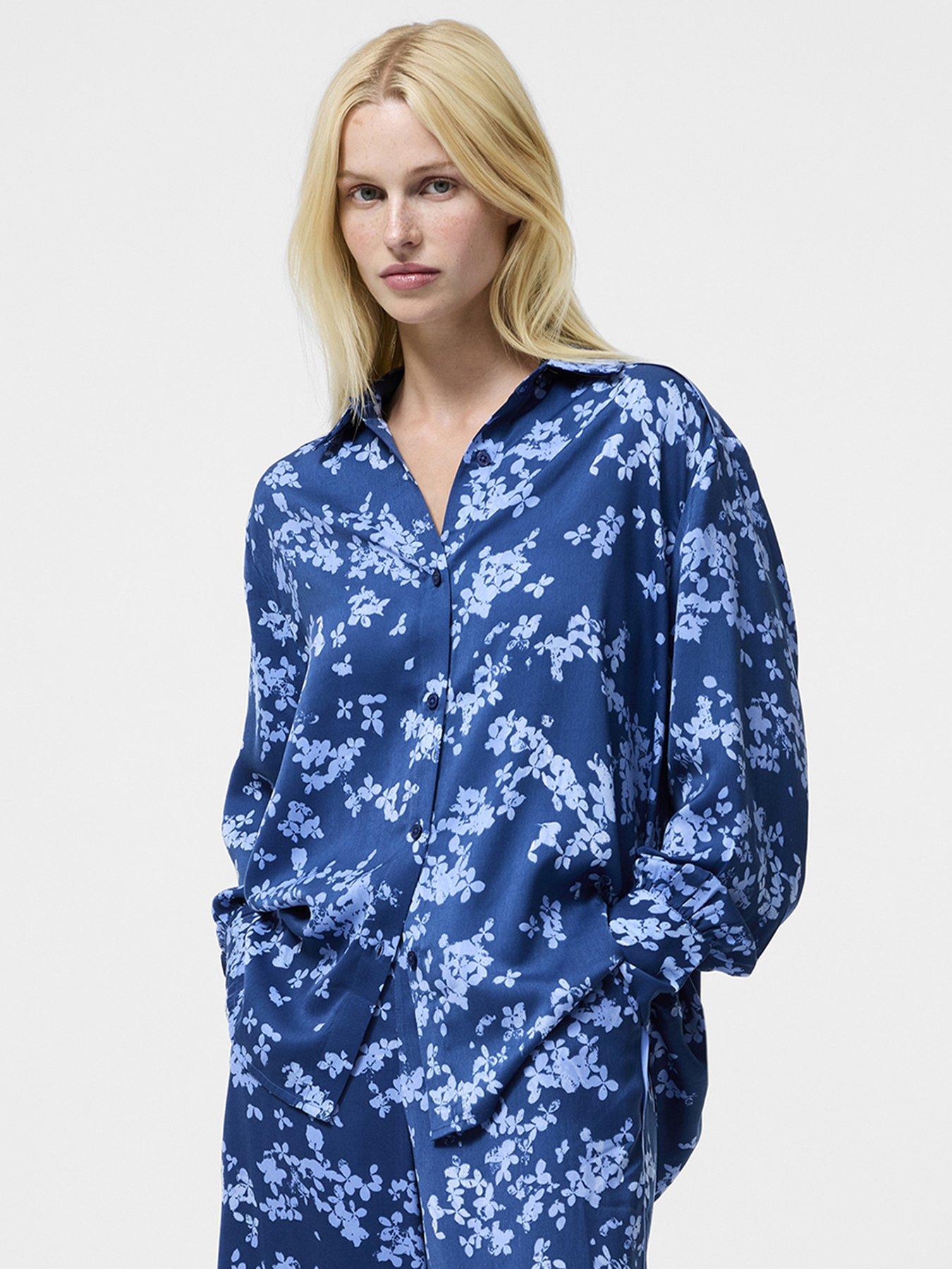 French Connection Floral Print Long Sleeve Button-Up Shirt - Blue