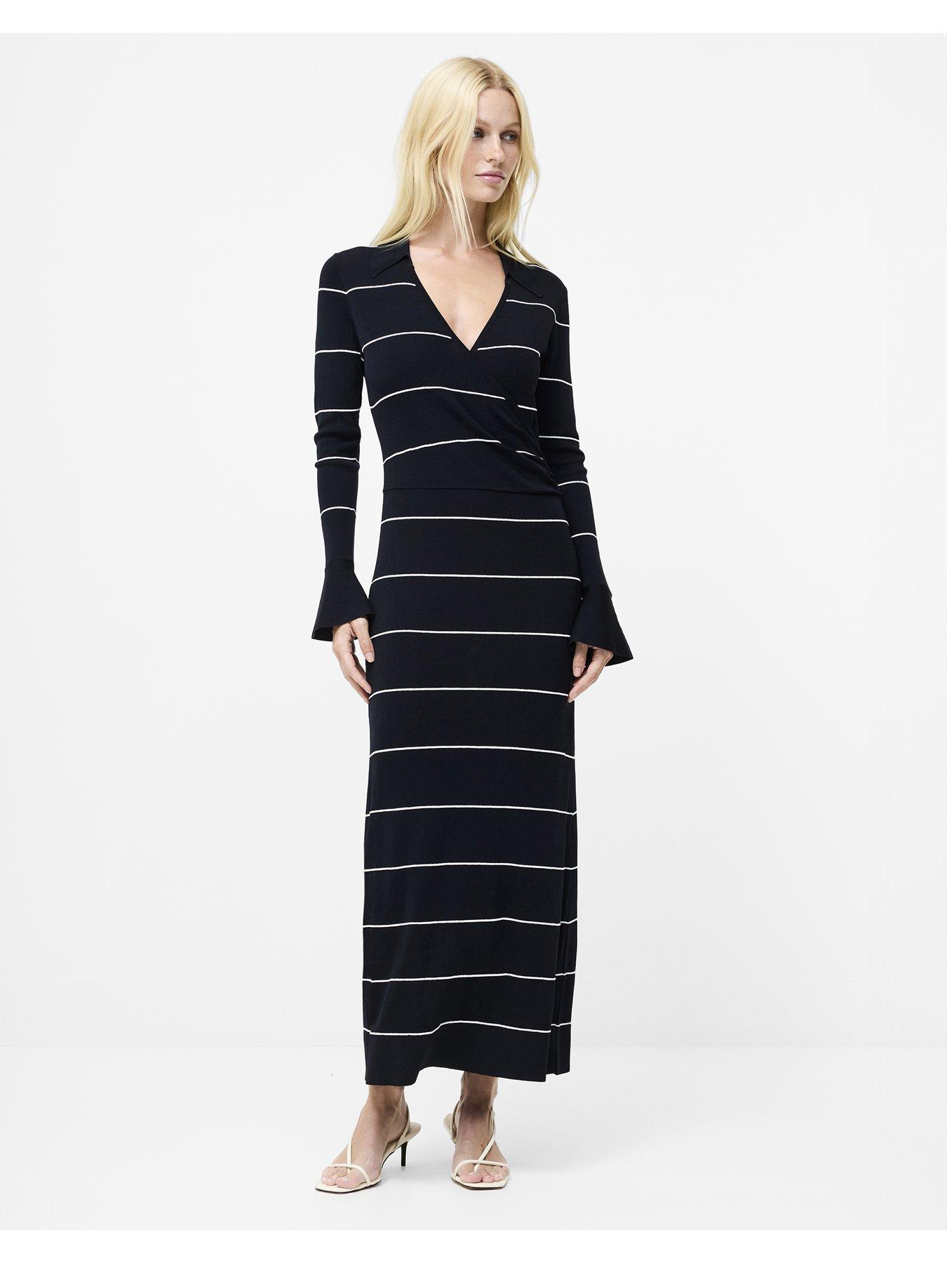 French Connection Striped Knit V-Neck Collar Bell Sleeve Maxi Dress - Black