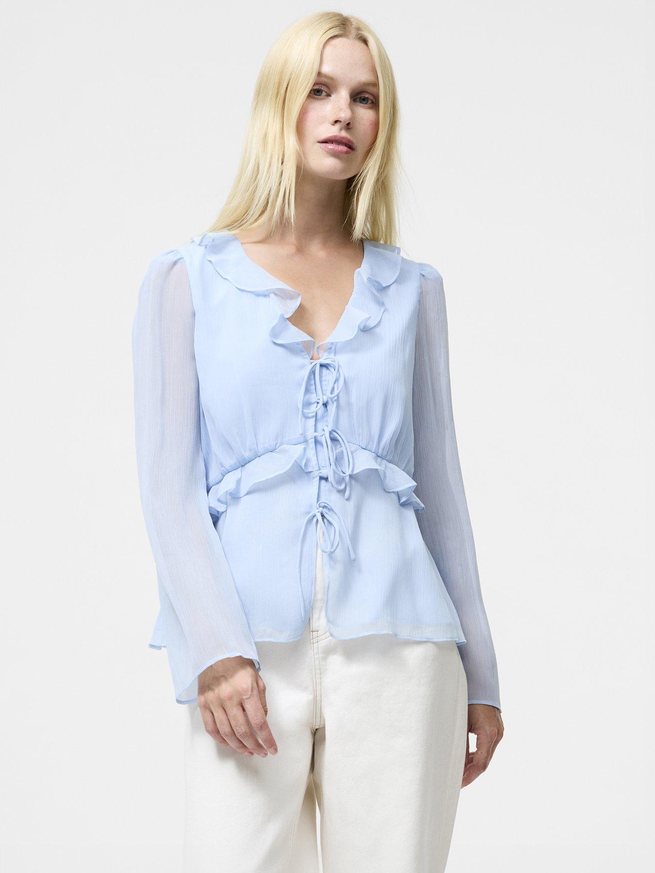 French Connection Lightweight Chiffon Ruffle Tie Blouse - Blue
