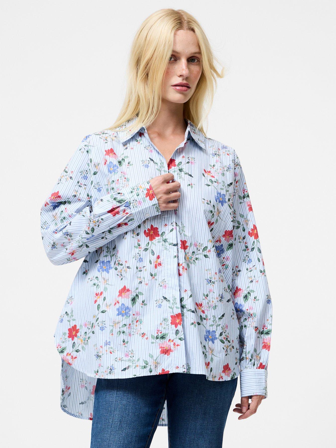 undefined Cotton Floral Printed Stripe Long Sleeve Button-Up Shirt - Multi