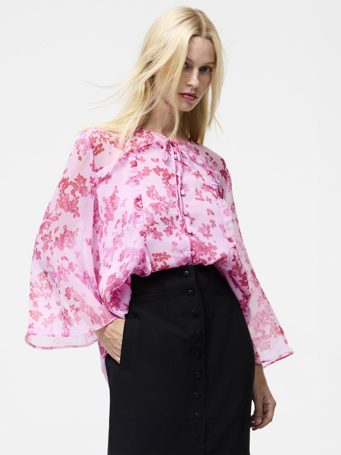 undefined Floral Tie Neck Button-Up Long Sleeve Blouse - Multi