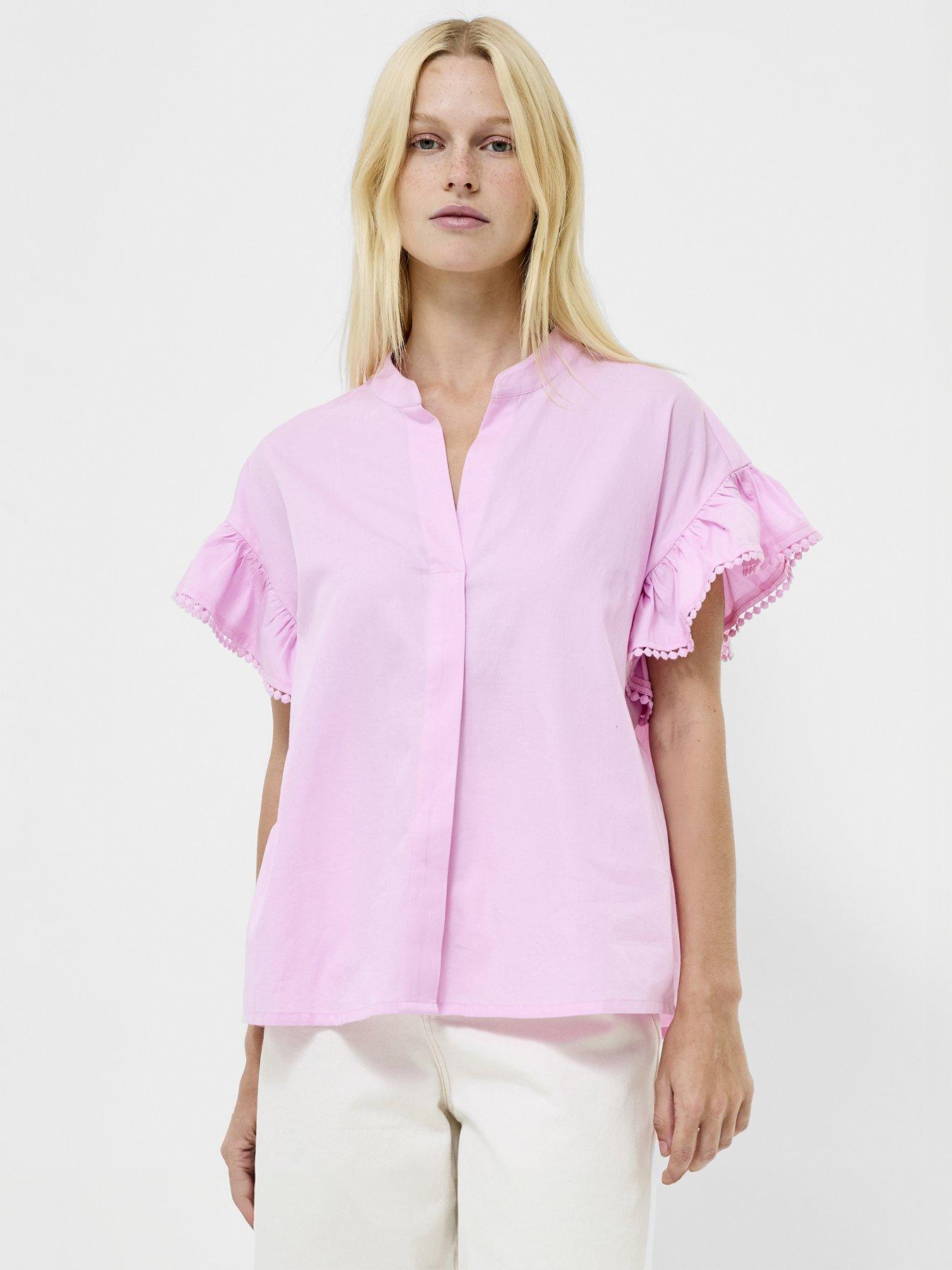 French Connection Cotton Mandarin Collar Short Ruffle Sleeve Shirt - Pink