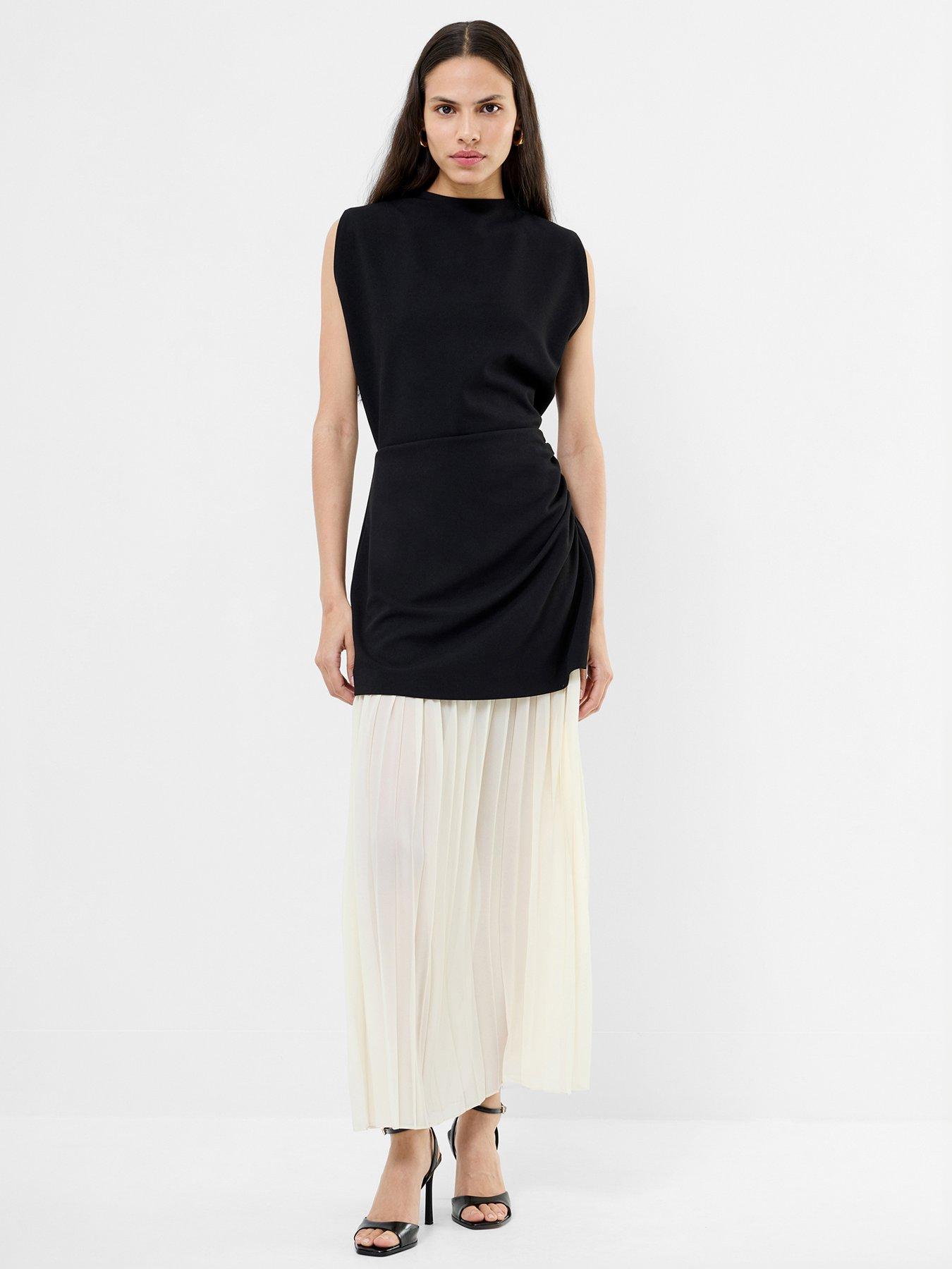 Image 1 of 4 of French Connection High Neck Capped Sleeves Pleated Skirt Midi Dress - Multi