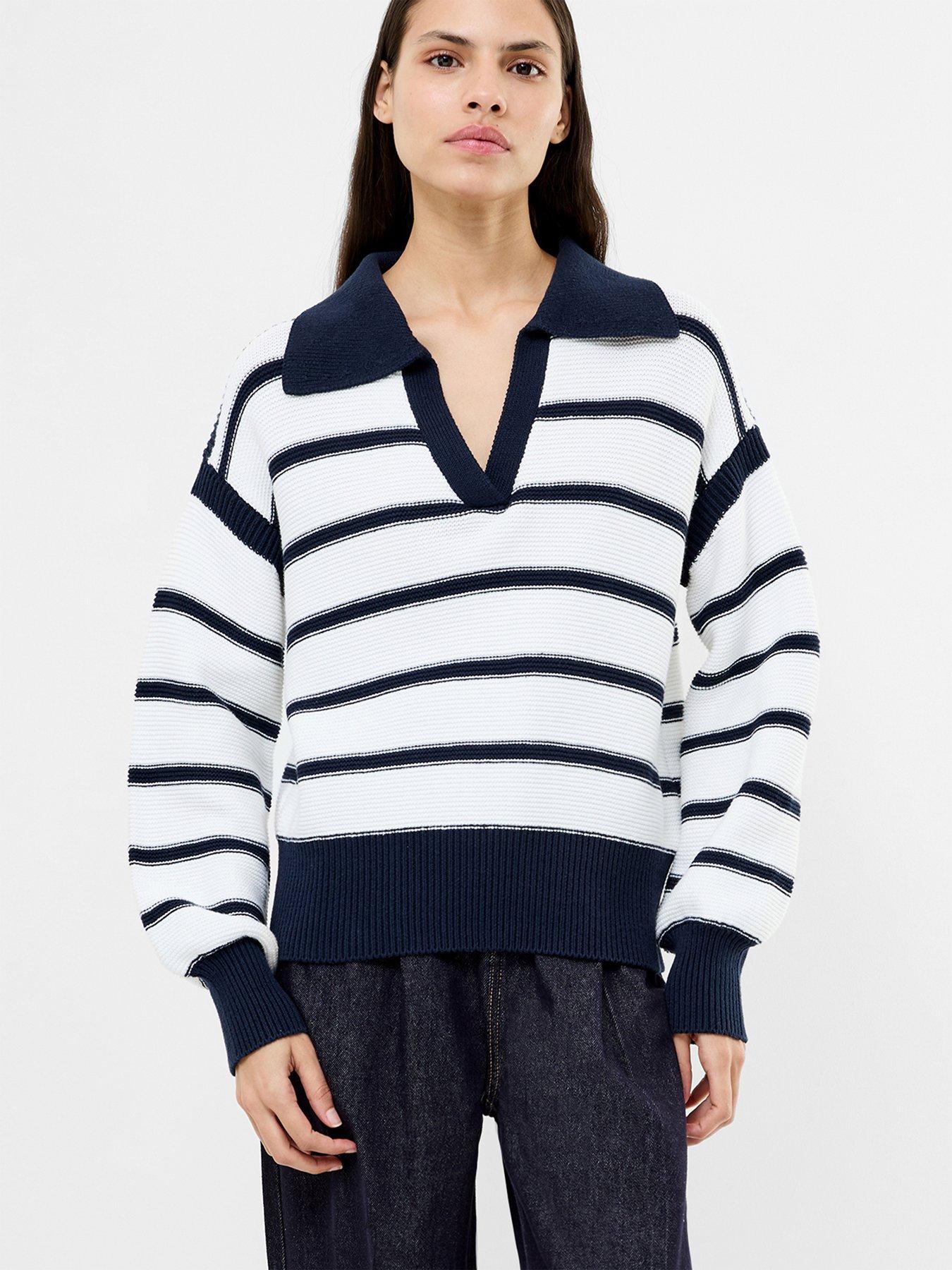 French Connection Striped V-Neck Collared Polo Knit Jumper - Multi
