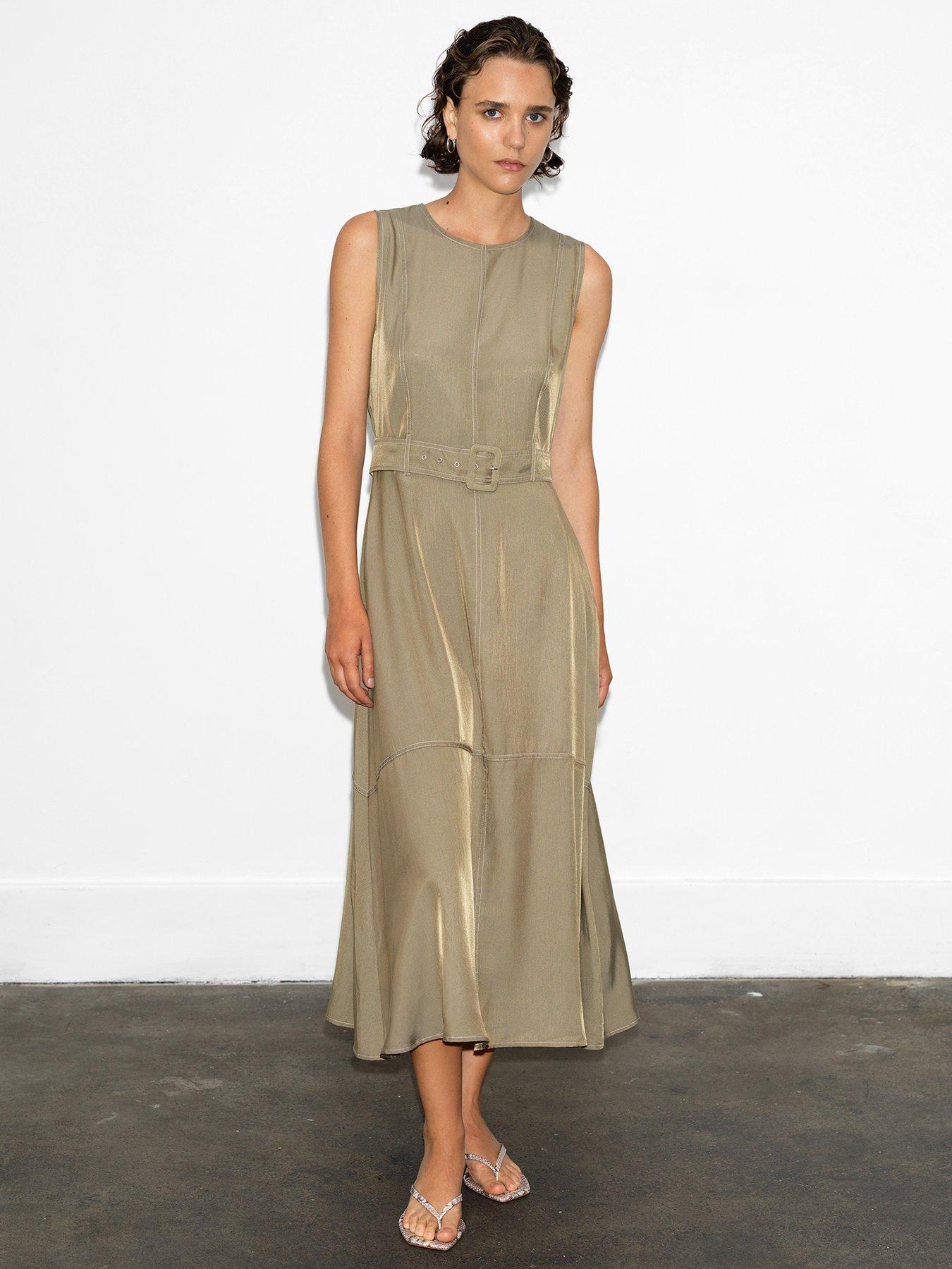 undefined Sleeveless Round Neck Buckle Cargo-Style Midi Dress - Green