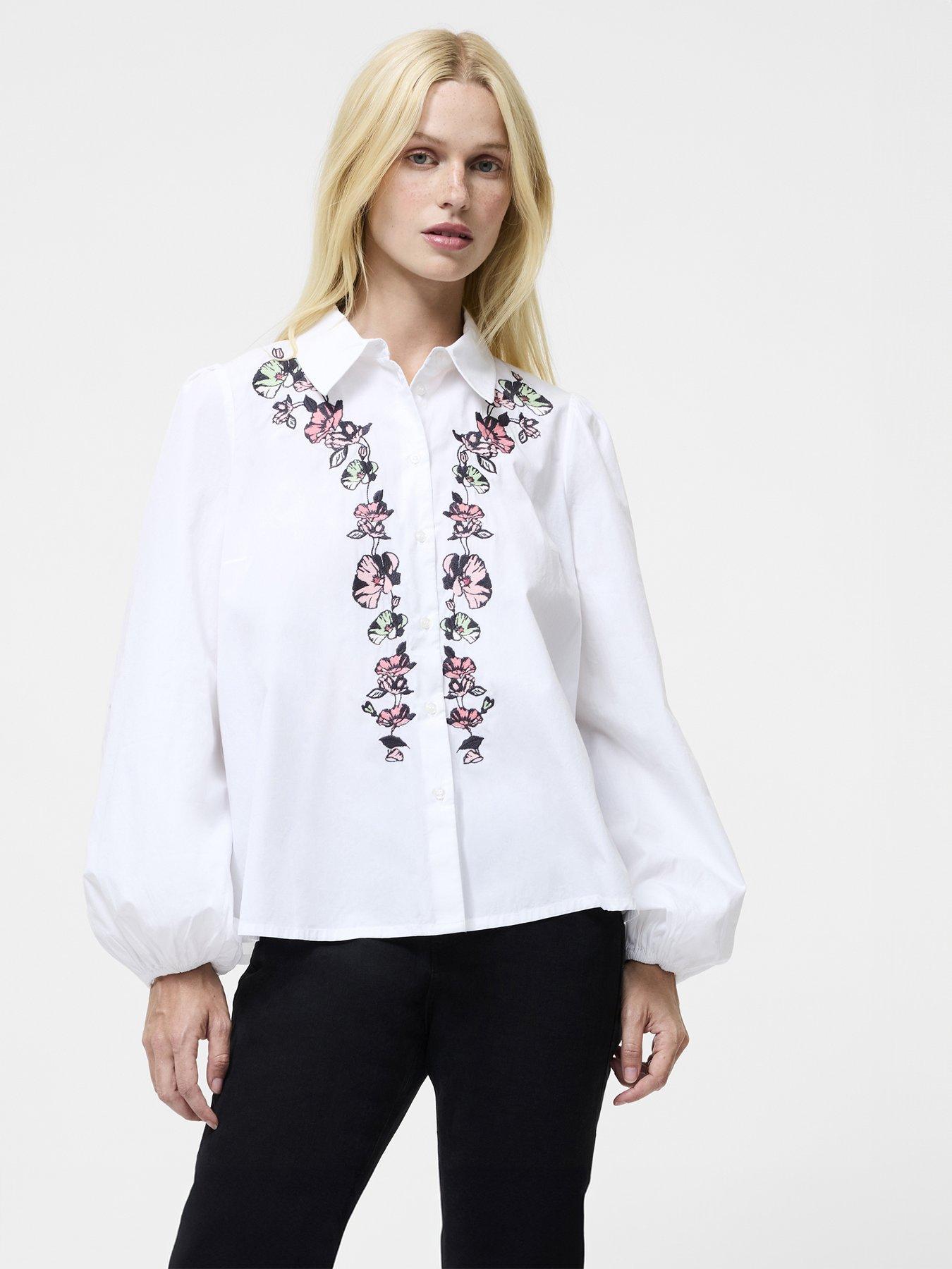 french-connection-cotton-embellished-long-sleeve-elastic-cuffs-button-up-shirt-multi