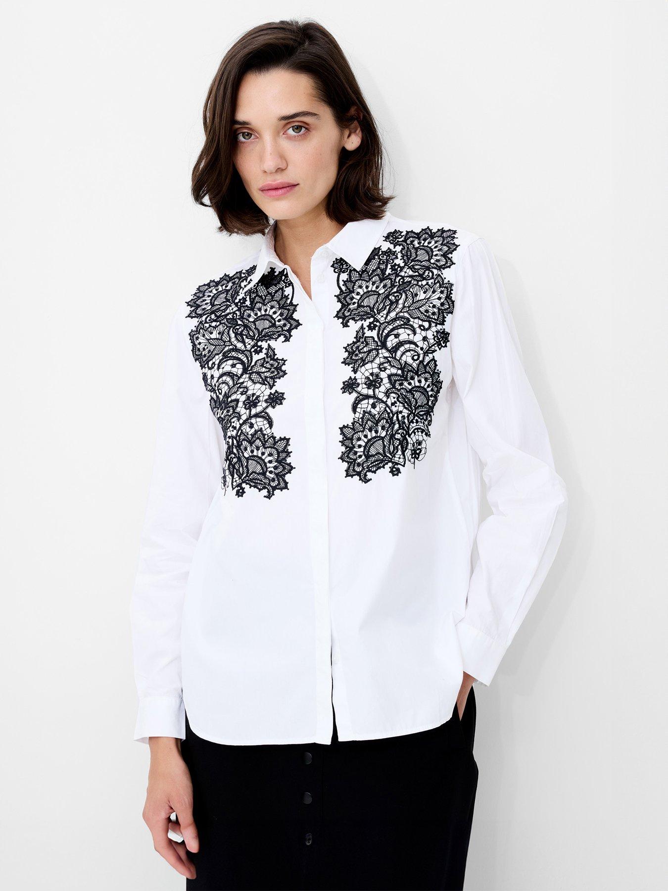 undefined Cotton Lace Embroidered Long Sleeve Button-Up Shirt - Multi