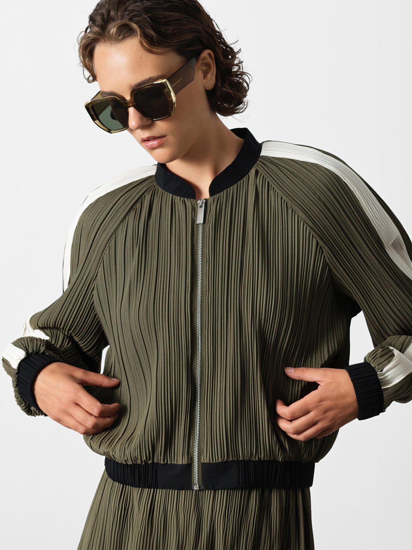 French Connection Plisse Zipped High Collar Bomber Jacket - Green