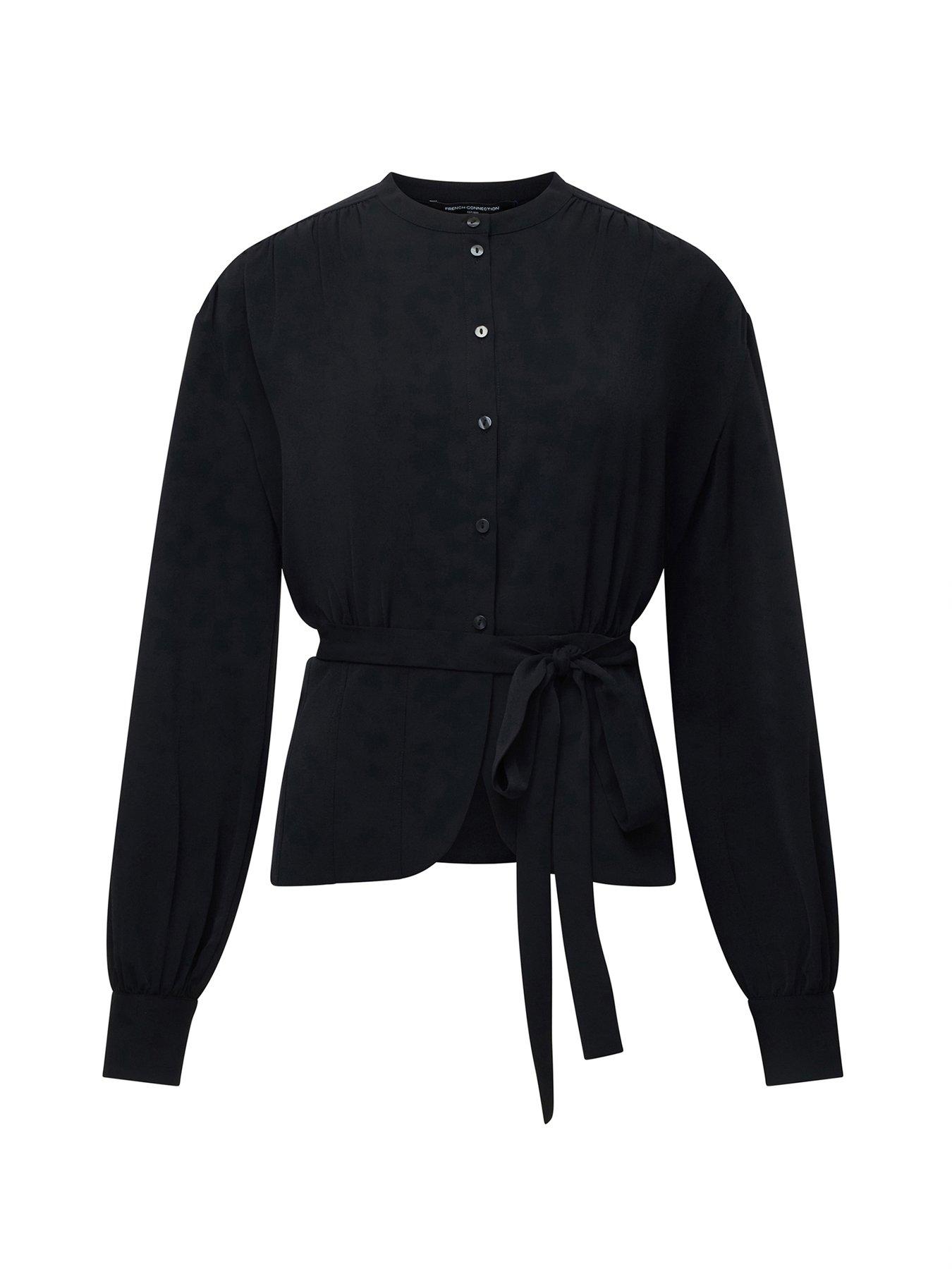 Image 4 of 4 of French Connection Waist Tie Long Sleeve Blouse - Black