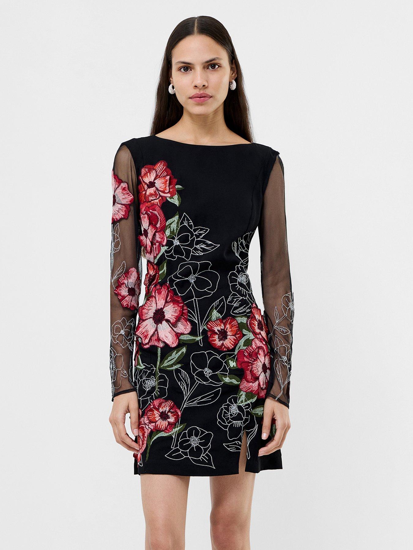 French Connection Floral Embroidered Mesh Long Sleeve Scoop Back Mini Dress - Multi