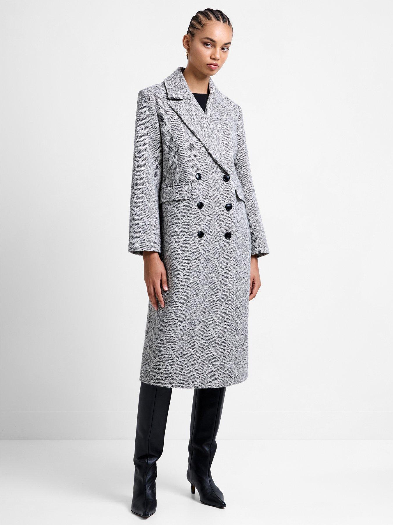 French Connection Double Breasted Structured Herringbone Coat