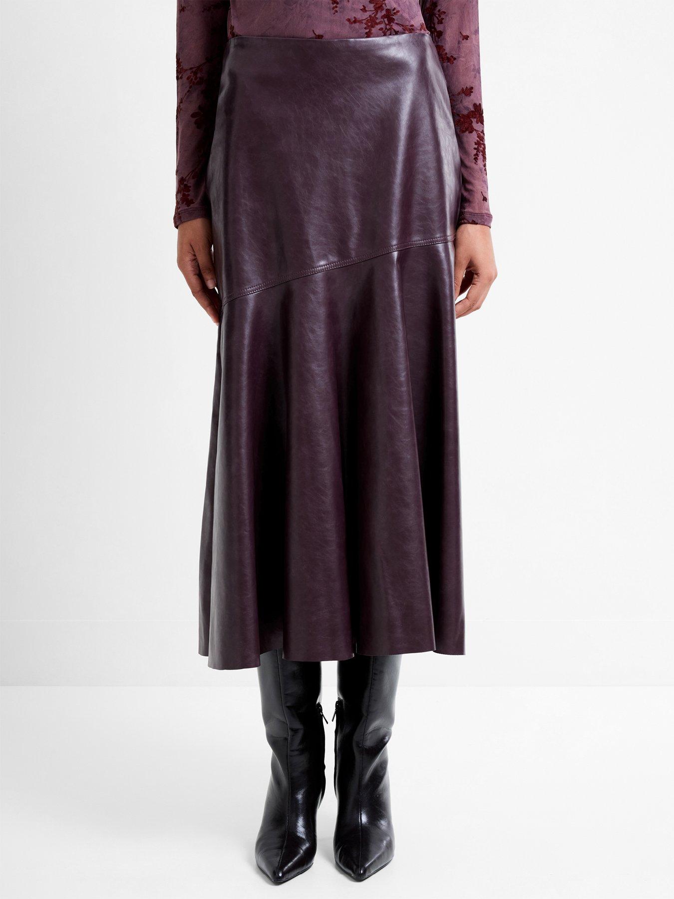 french-connection-pu-faux-leather-asymmetric-midi-skirt-red