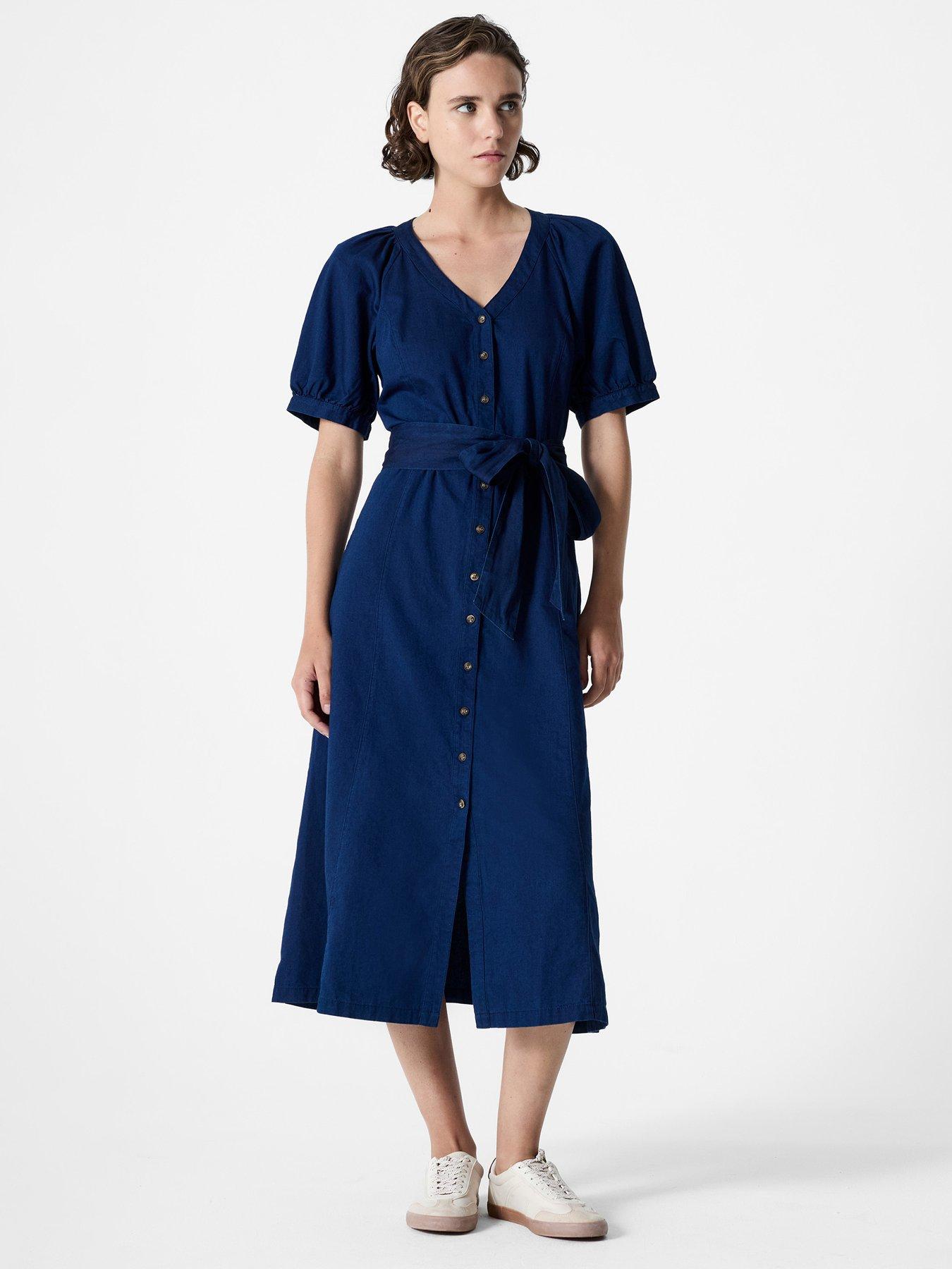 French Connection Cotton Puff Sleeve Button-Down Maxi Dress - Blue