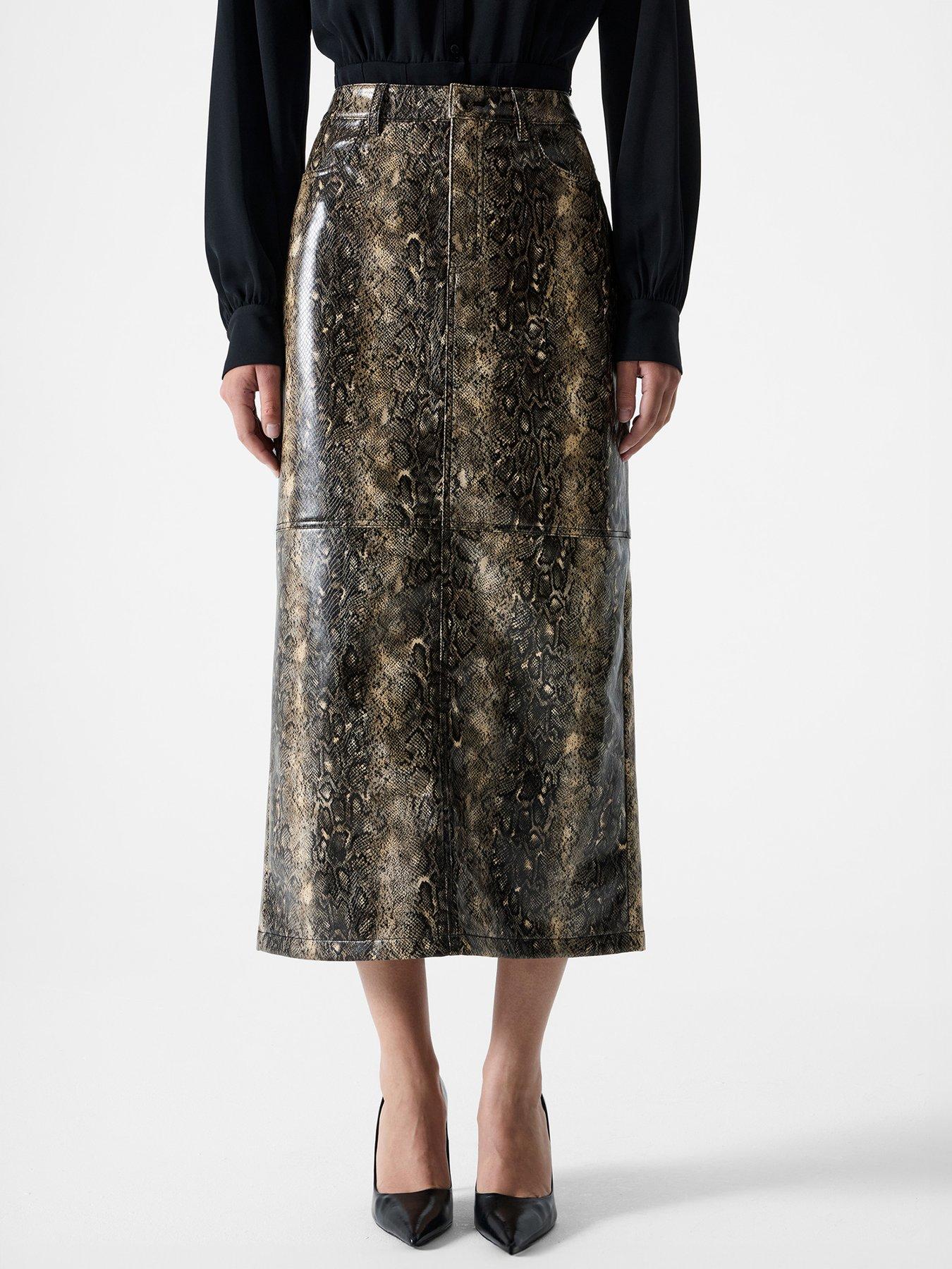 Image 1 of 4 of French Connection High Waisted High-Shine Snakeskin Midi Pencil Skirt - Multi