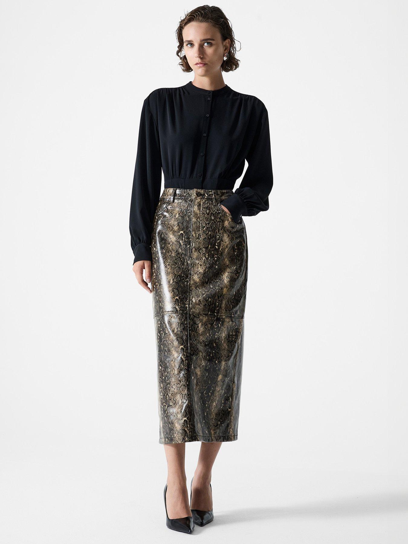 Image 3 of 4 of French Connection High Waisted High-Shine Snakeskin Midi Pencil Skirt - Multi