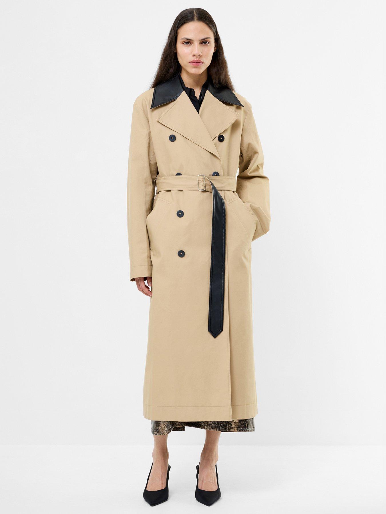 Image 1 of 4 of French Connection Cotton Twill Trench Coat With Contrast Detail - Brown