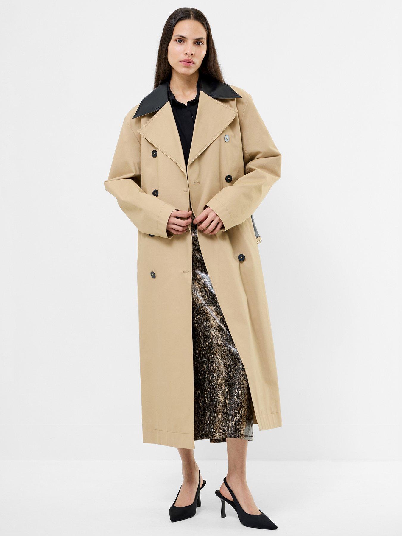 Image 3 of 4 of French Connection Cotton Twill Trench Coat With Contrast Detail - Brown