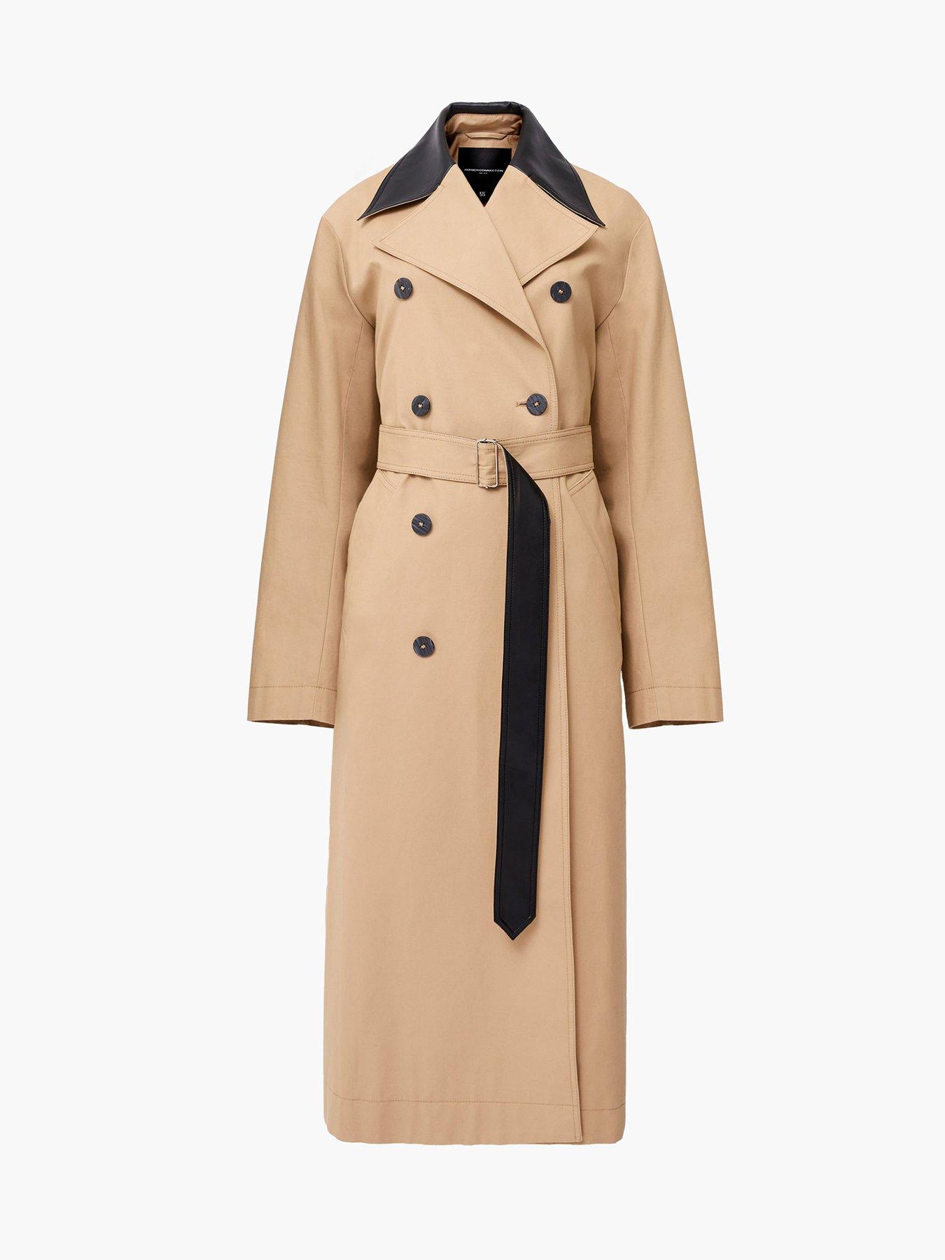 Image 4 of 4 of French Connection Cotton Twill Trench Coat With Contrast Detail - Brown