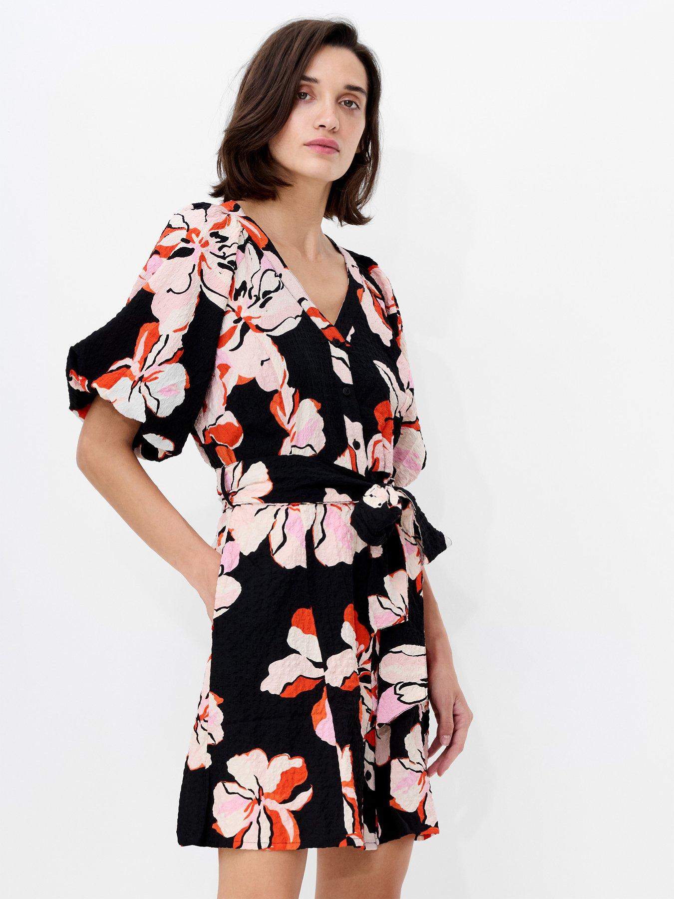 undefined Floral Puff Sleeve Tie Waist Mini Dress - Multi