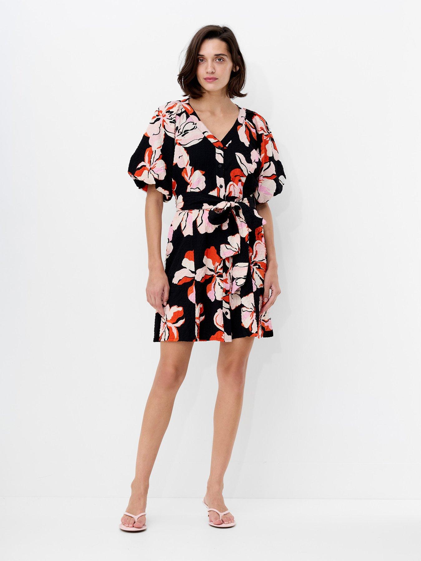 Image 3 of 5 of French Connection Floral Puff Sleeve Tie Waist Mini Dress - Multi