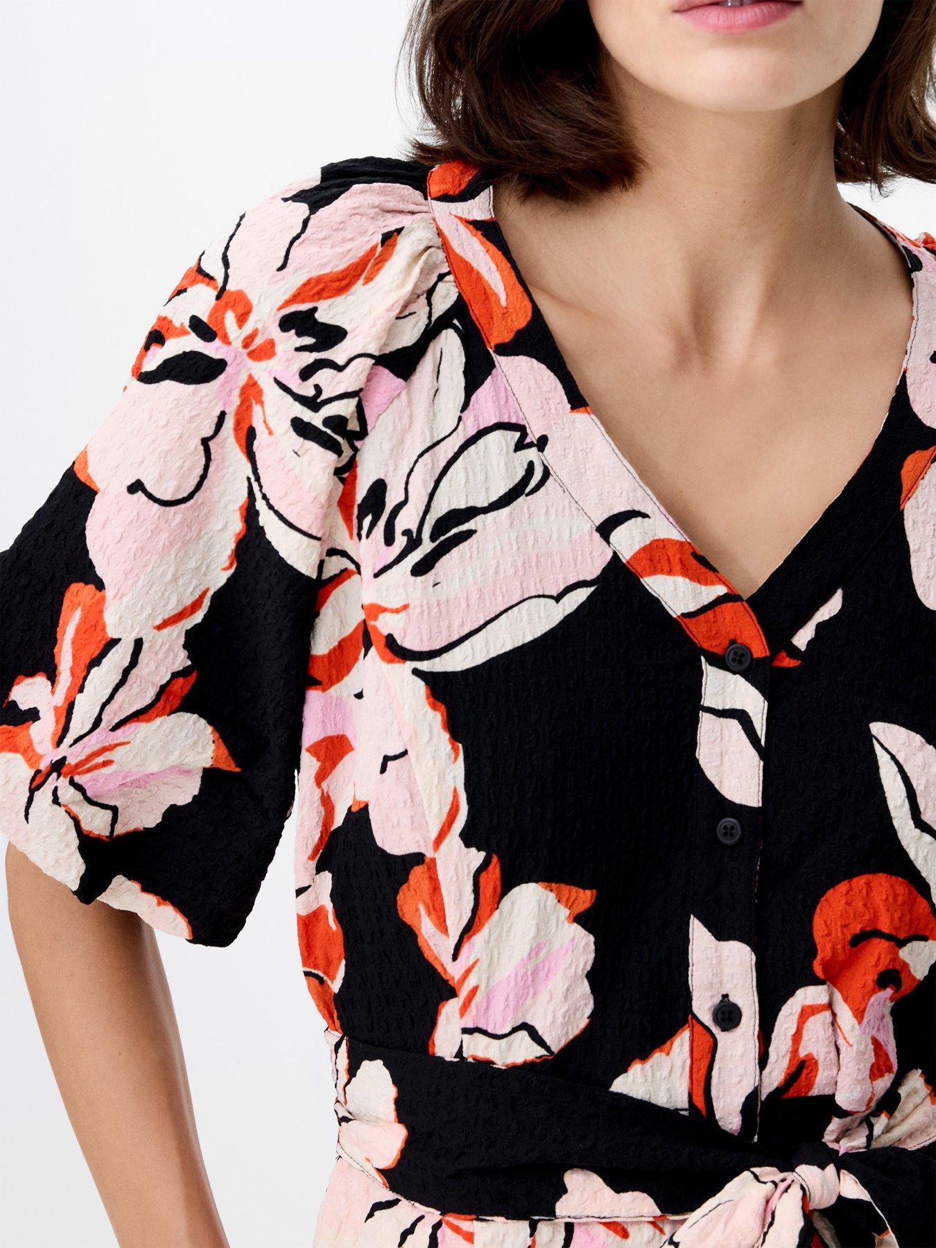 Image 4 of 5 of French Connection Floral Puff Sleeve Tie Waist Mini Dress - Multi