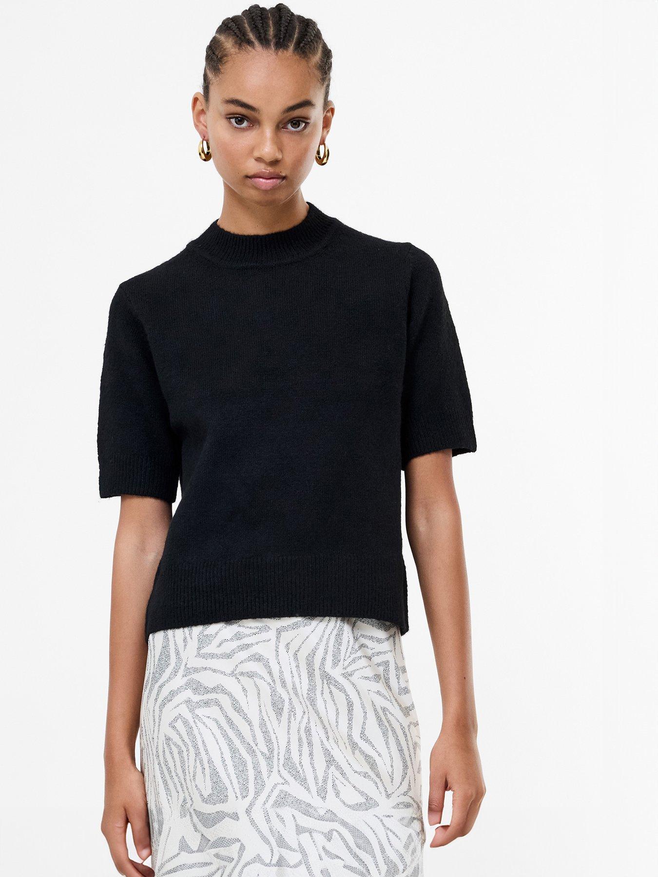 French Connection Soft Knit Short Sleeve Mock Neck Top - Black