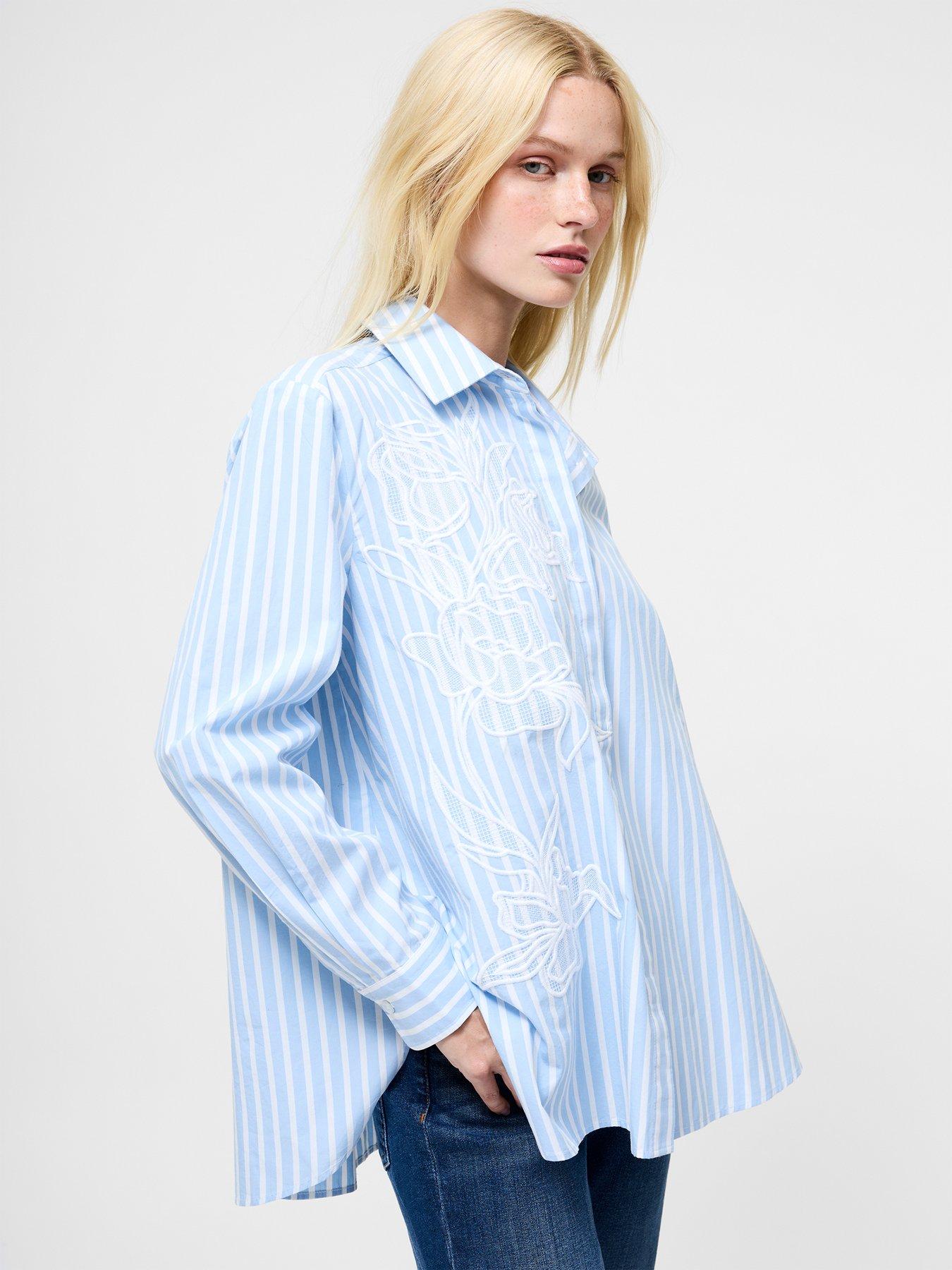 undefined Cotton Embroidered Striped Long Sleeve Button-Up Shirt - Multi