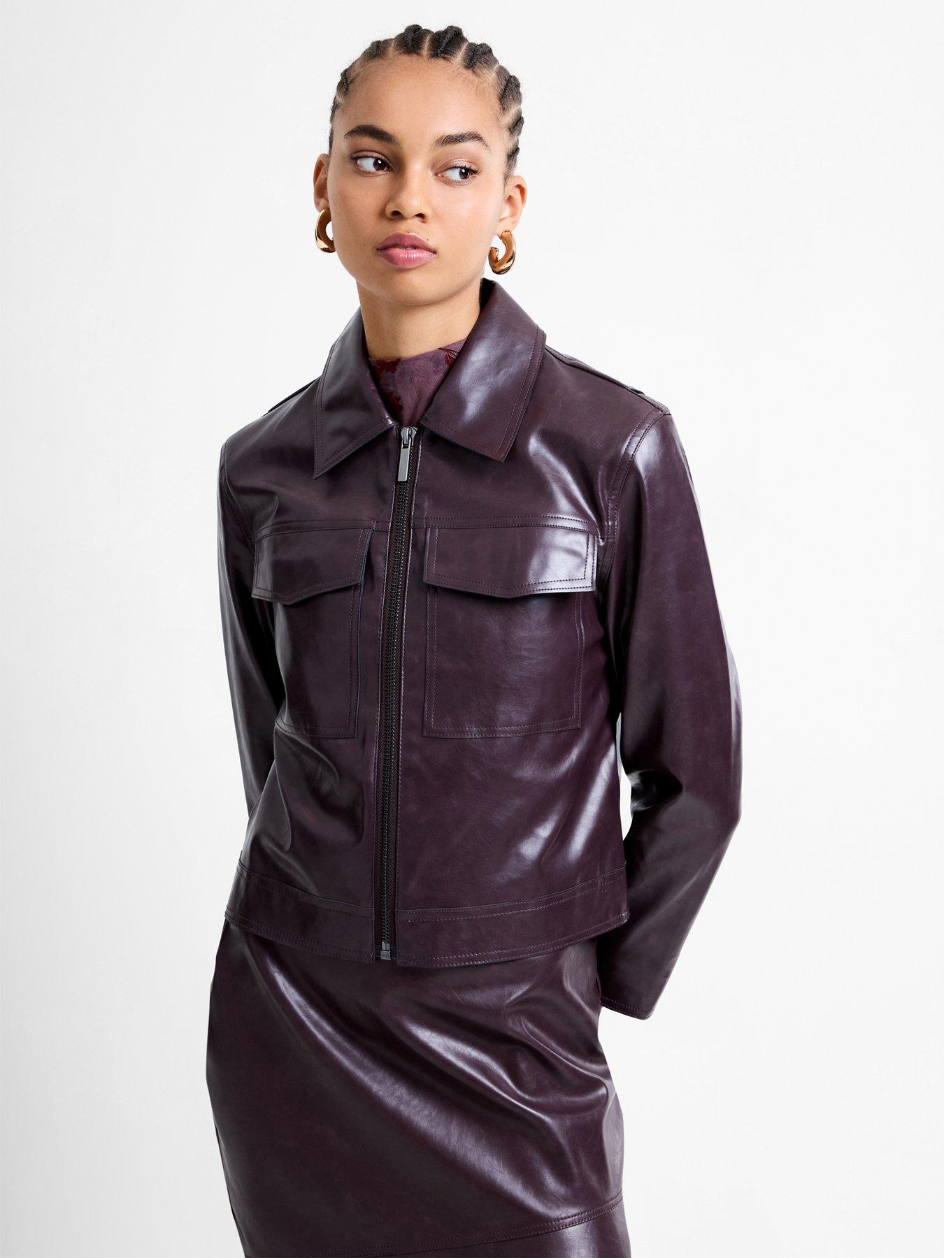 Image 1 of 6 of French Connection Pu Faux Leather Cropped Zip-through Collared Jacket