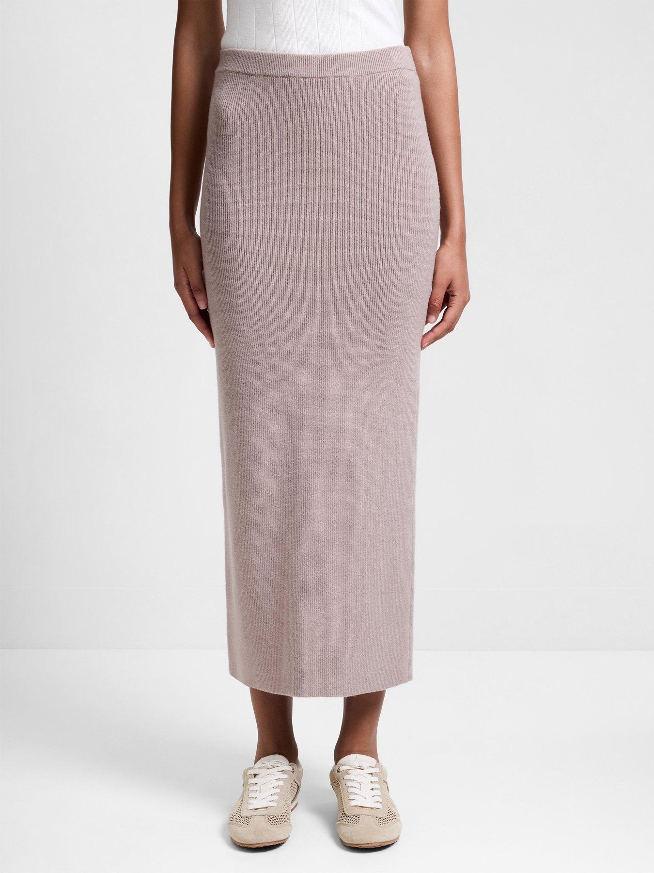  image of french-connection-straight-elasticated-high-waisted-midi-skirt-natural