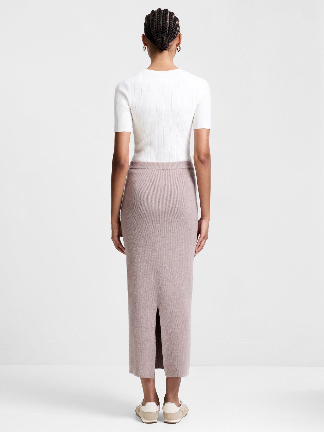  image of french-connection-straight-elasticated-high-waisted-midi-skirt-natural
