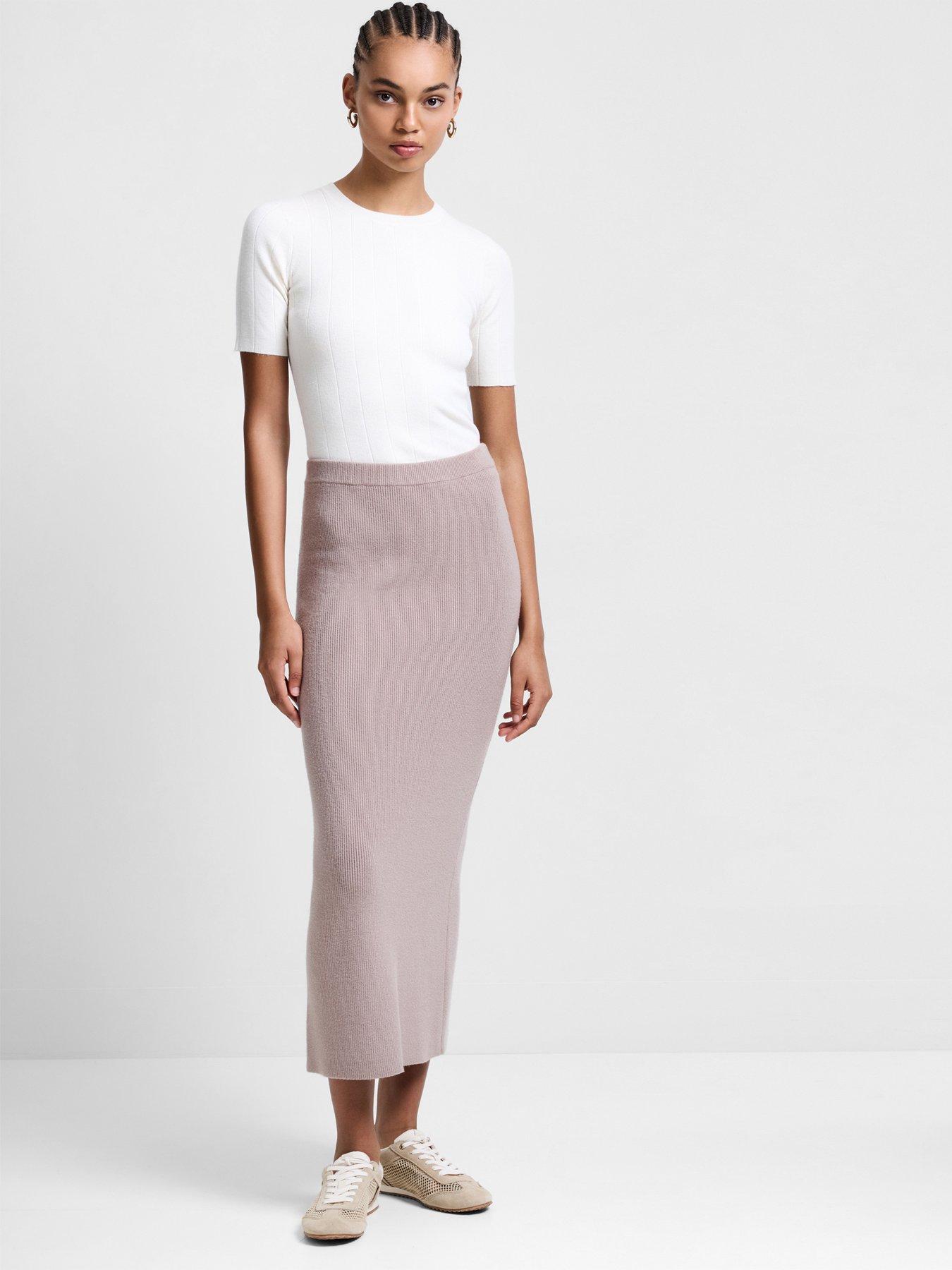  image of french-connection-straight-elasticated-high-waisted-midi-skirt-natural