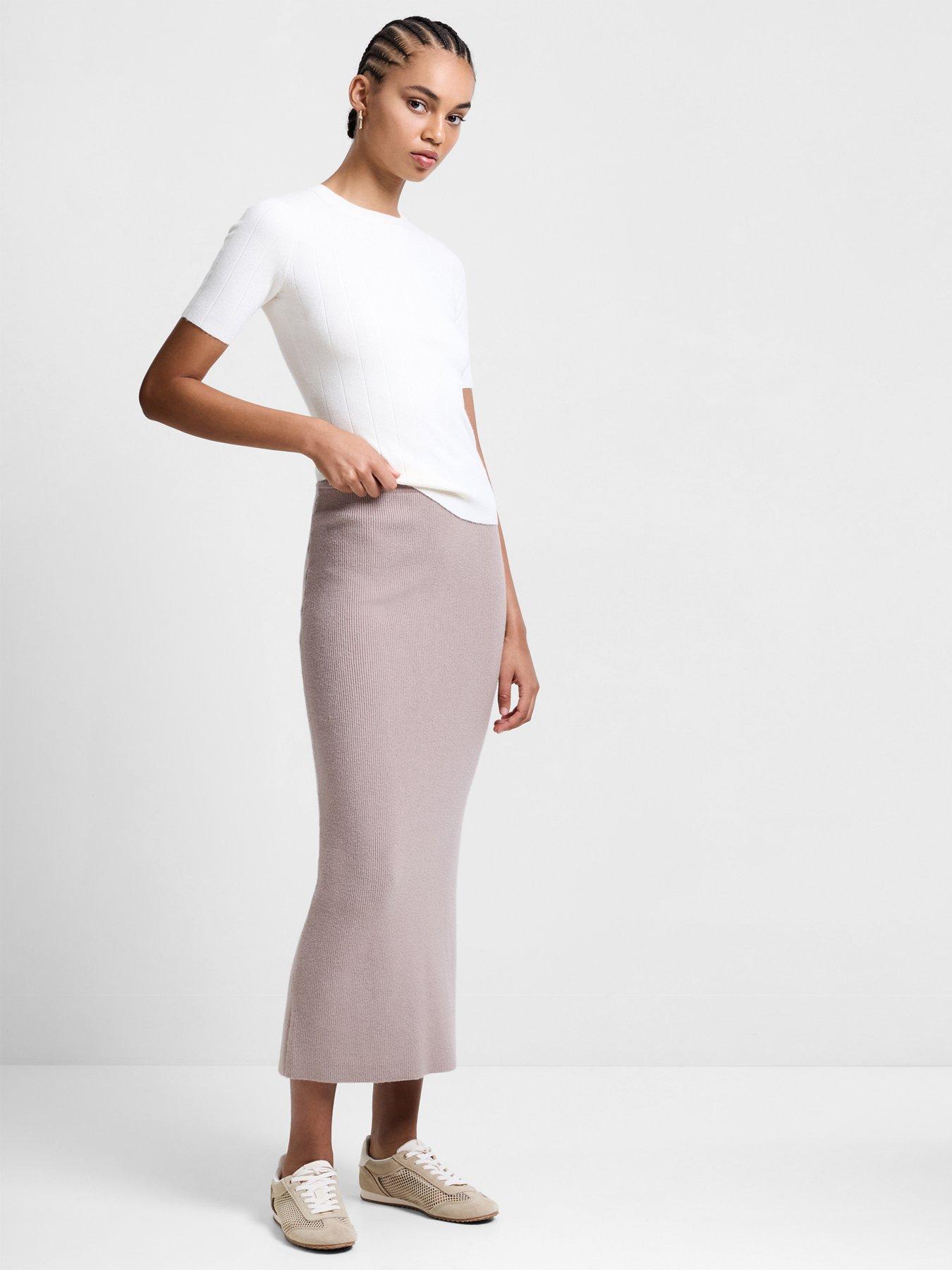  image of french-connection-straight-elasticated-high-waisted-midi-skirt-natural