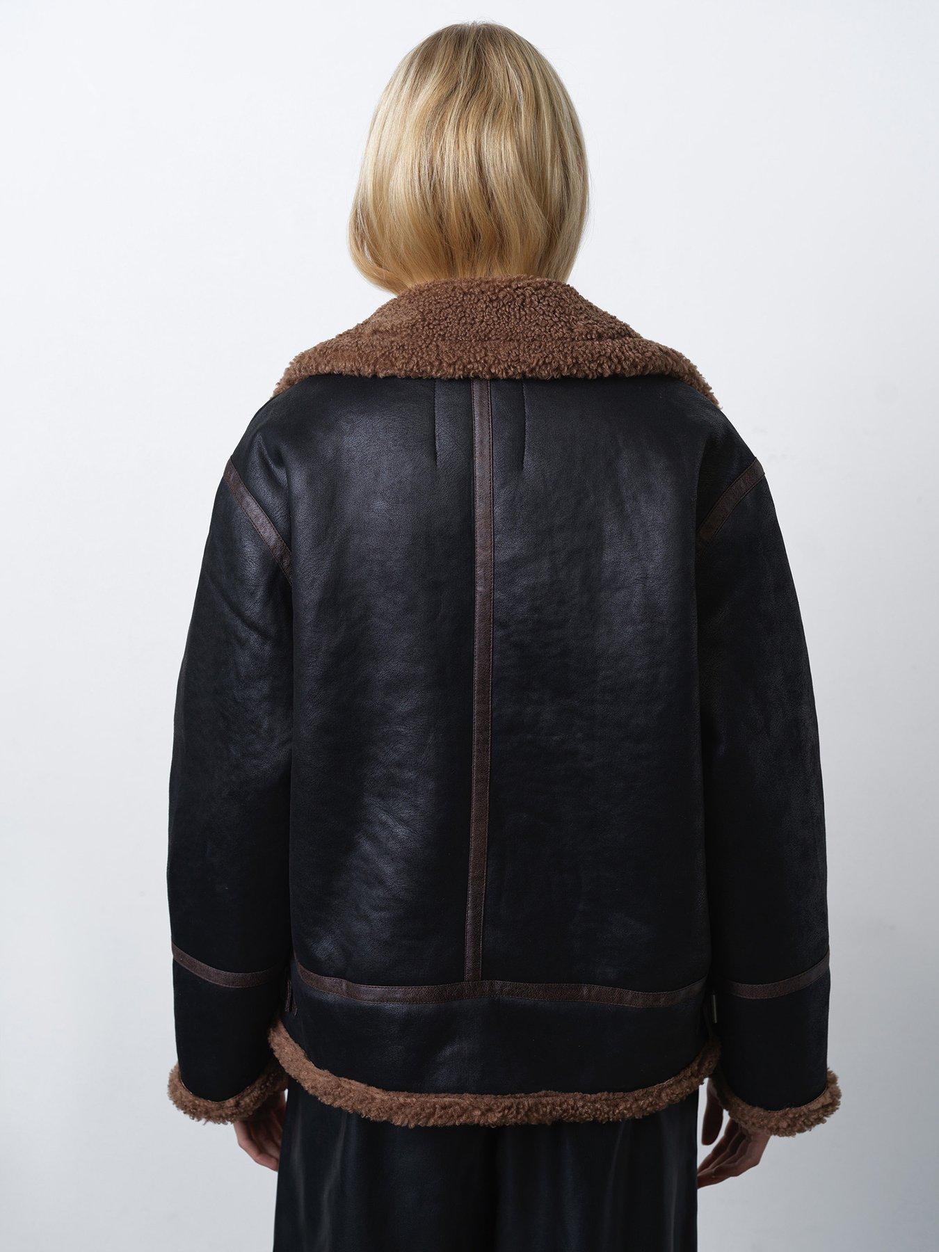 Image 2 of 6 of French Connection Aviator Style Zip Jacket With Faux Shearling Lining - Black/Brown
