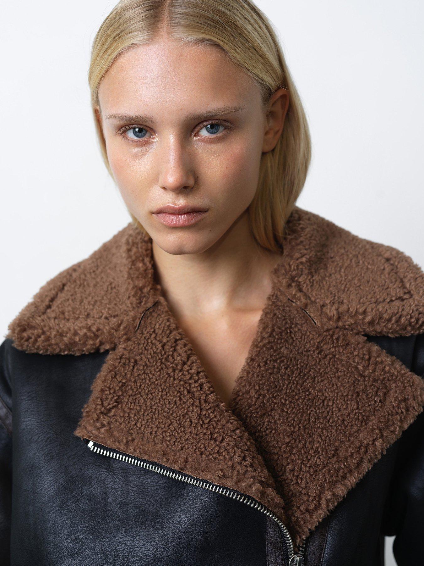 Image 4 of 6 of French Connection Aviator Style Zip Jacket With Faux Shearling Lining - Black/Brown