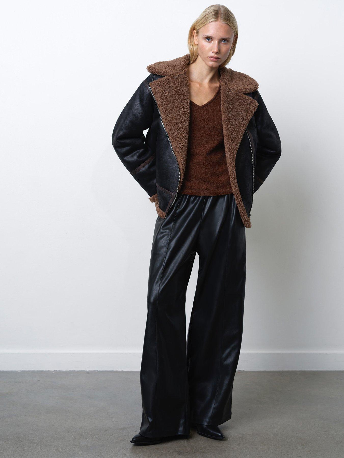 Image 5 of 6 of French Connection Aviator Style Zip Jacket With Faux Shearling Lining - Black/Brown