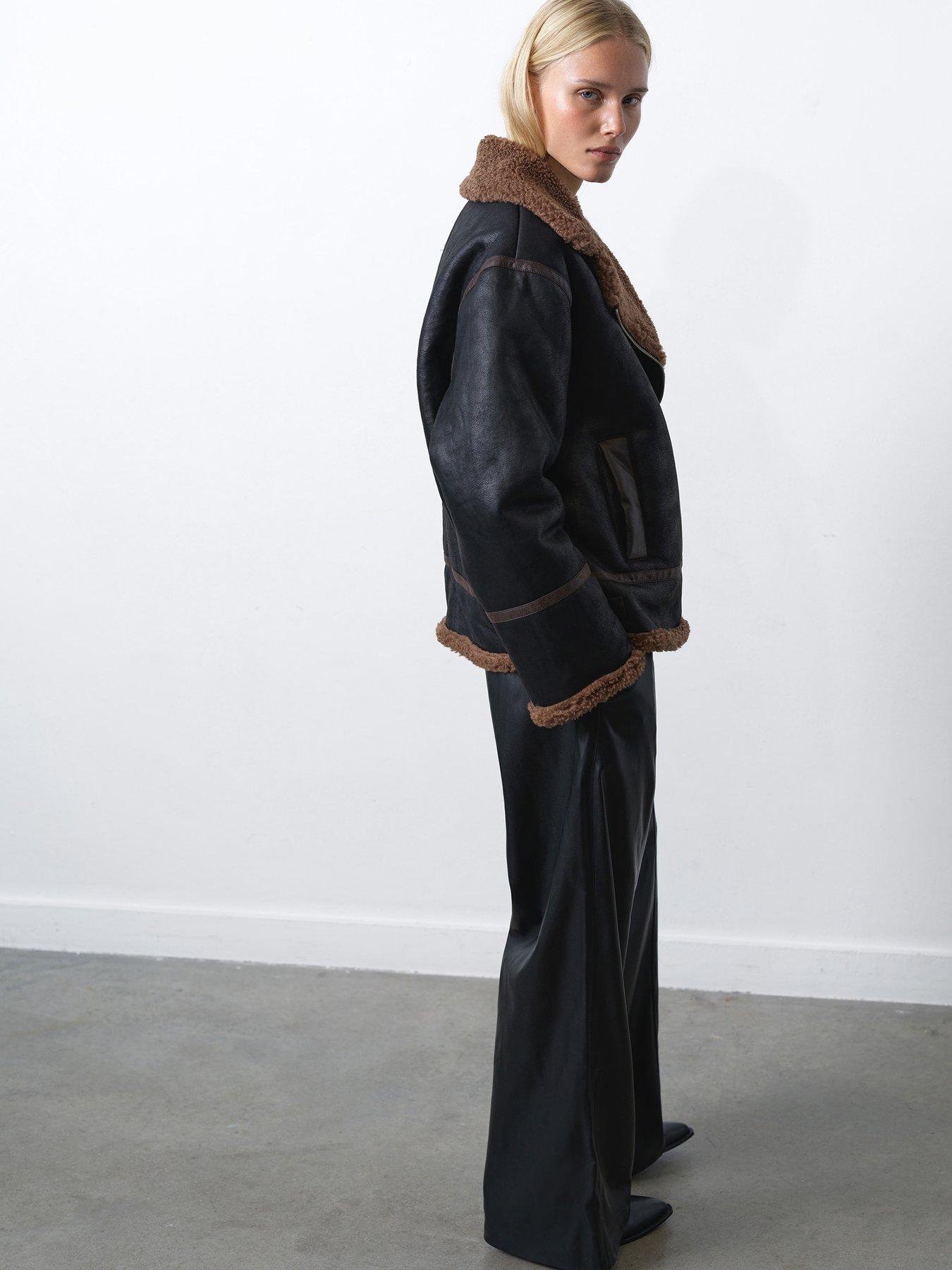 Image 6 of 6 of French Connection Aviator Style Zip Jacket With Faux Shearling Lining - Black/Brown
