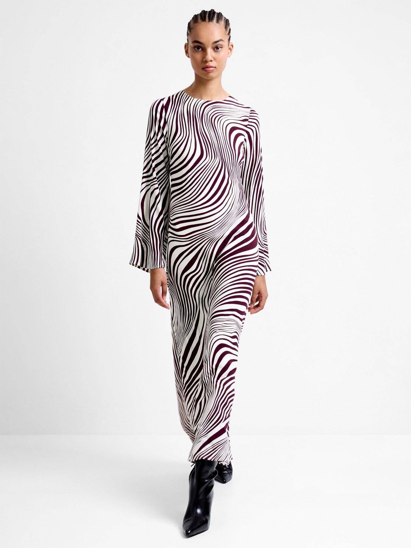 French Connection Wave Print Long Sleeve Round Neck Midi Dress - Multi