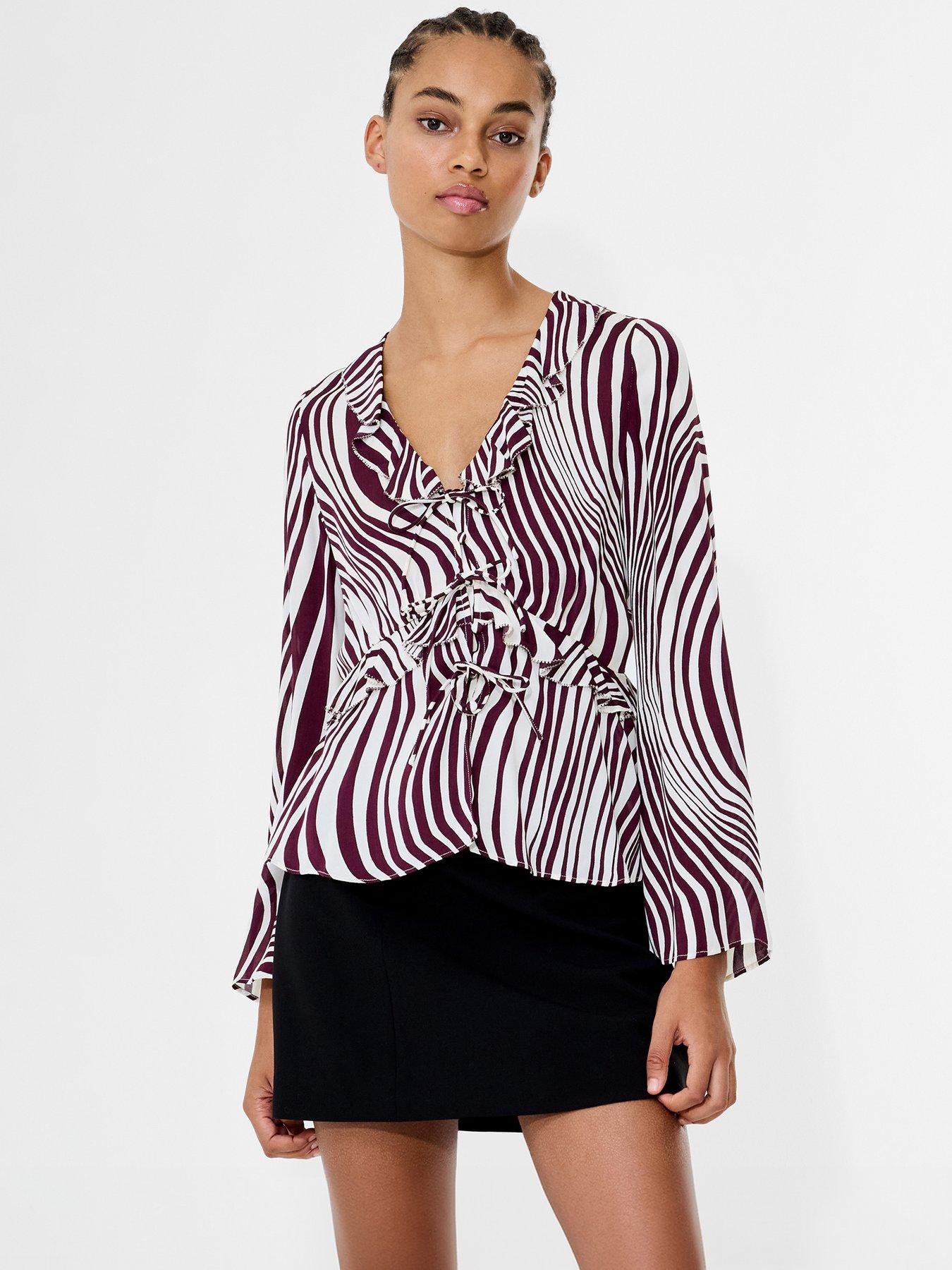undefined Wave Print Frill Long Sleeve Tie Blouse - Multi