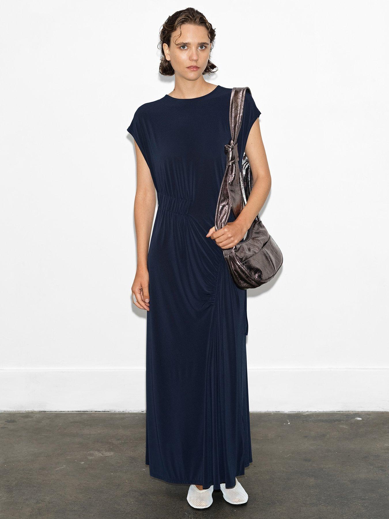 undefined Asymmetric Draped High Neck Midi Dress - Navy