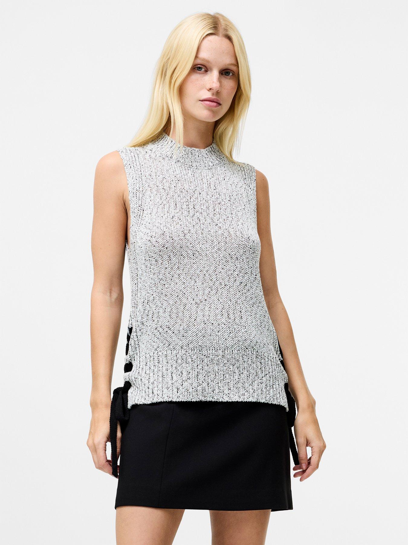 undefined High Neck Knit Sleeveless Lace-Up Long Vest - Multi