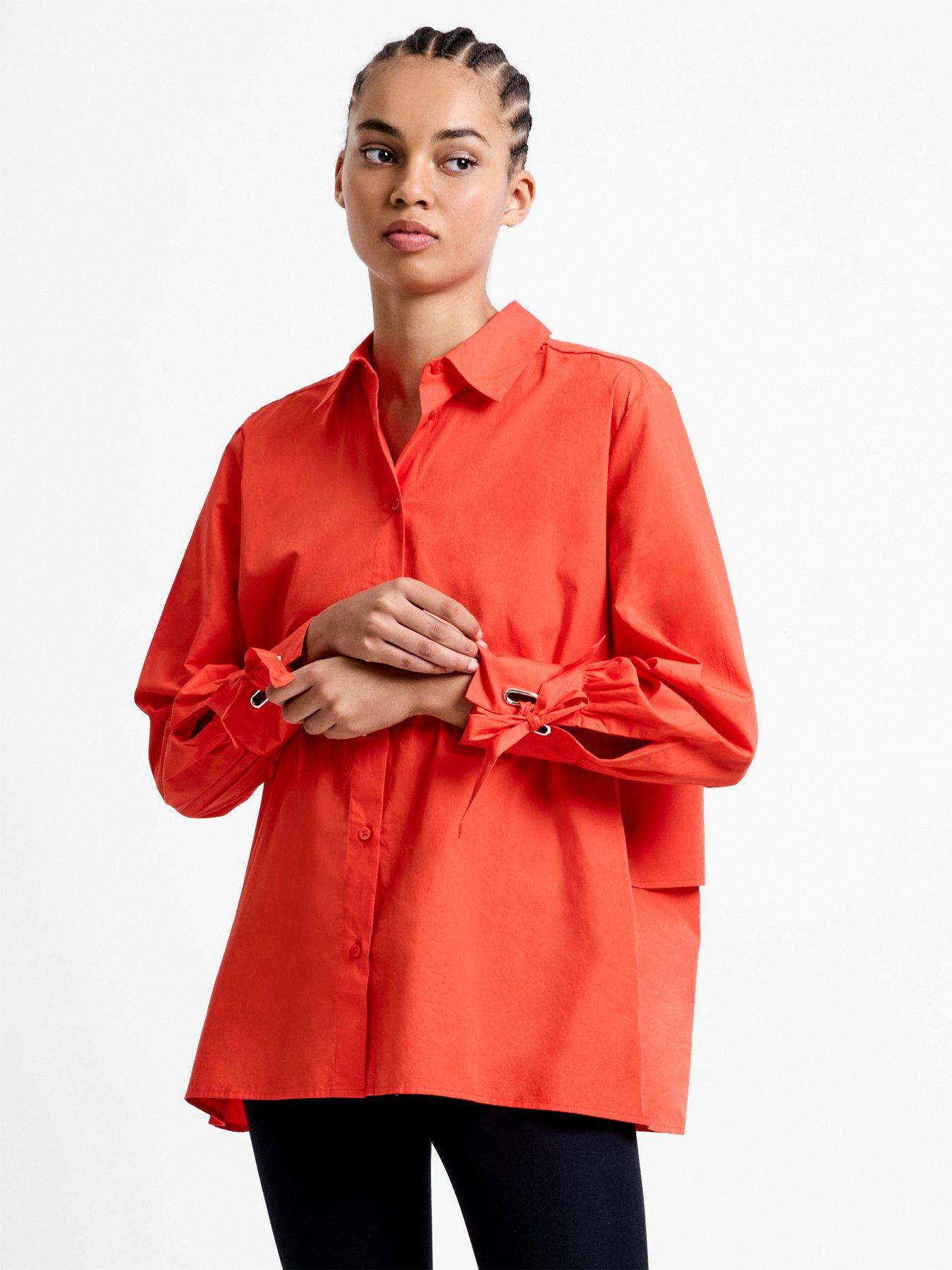 French Connection Cotton Long Sleeve Button Up Shirt With Bow Tie Cuffs - Orange