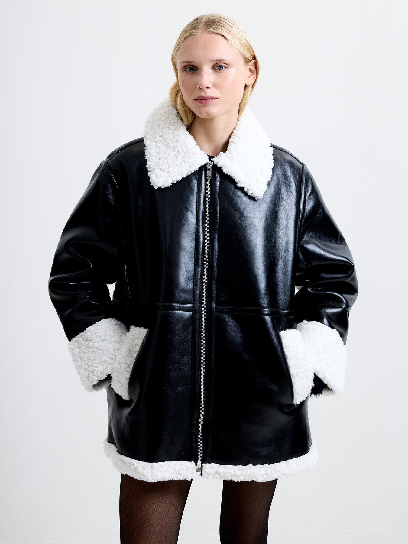 French Connection Leather-look Coat With Faux Fur Trim