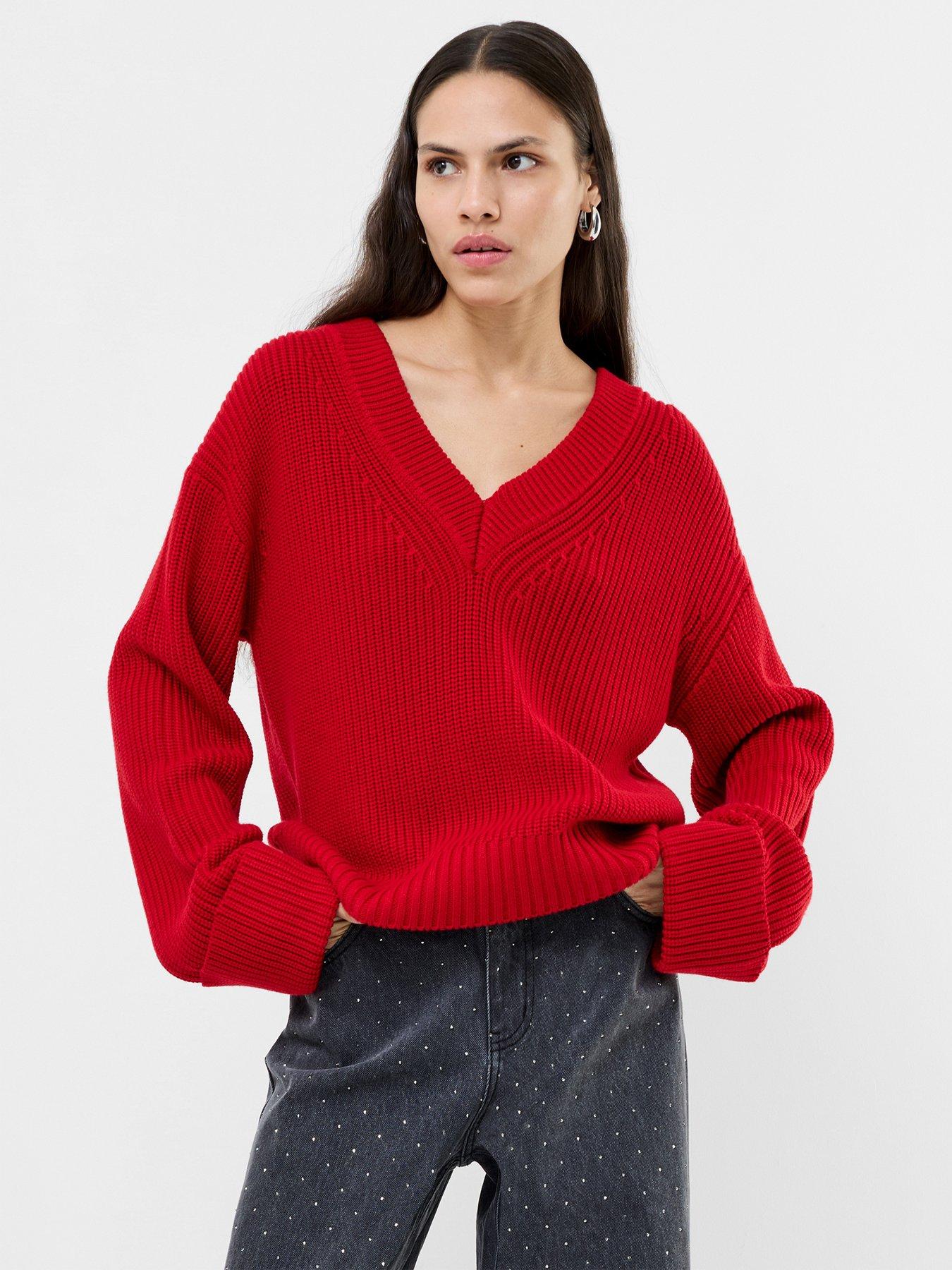 undefined V-Neck Textured Knit Jumper - Red