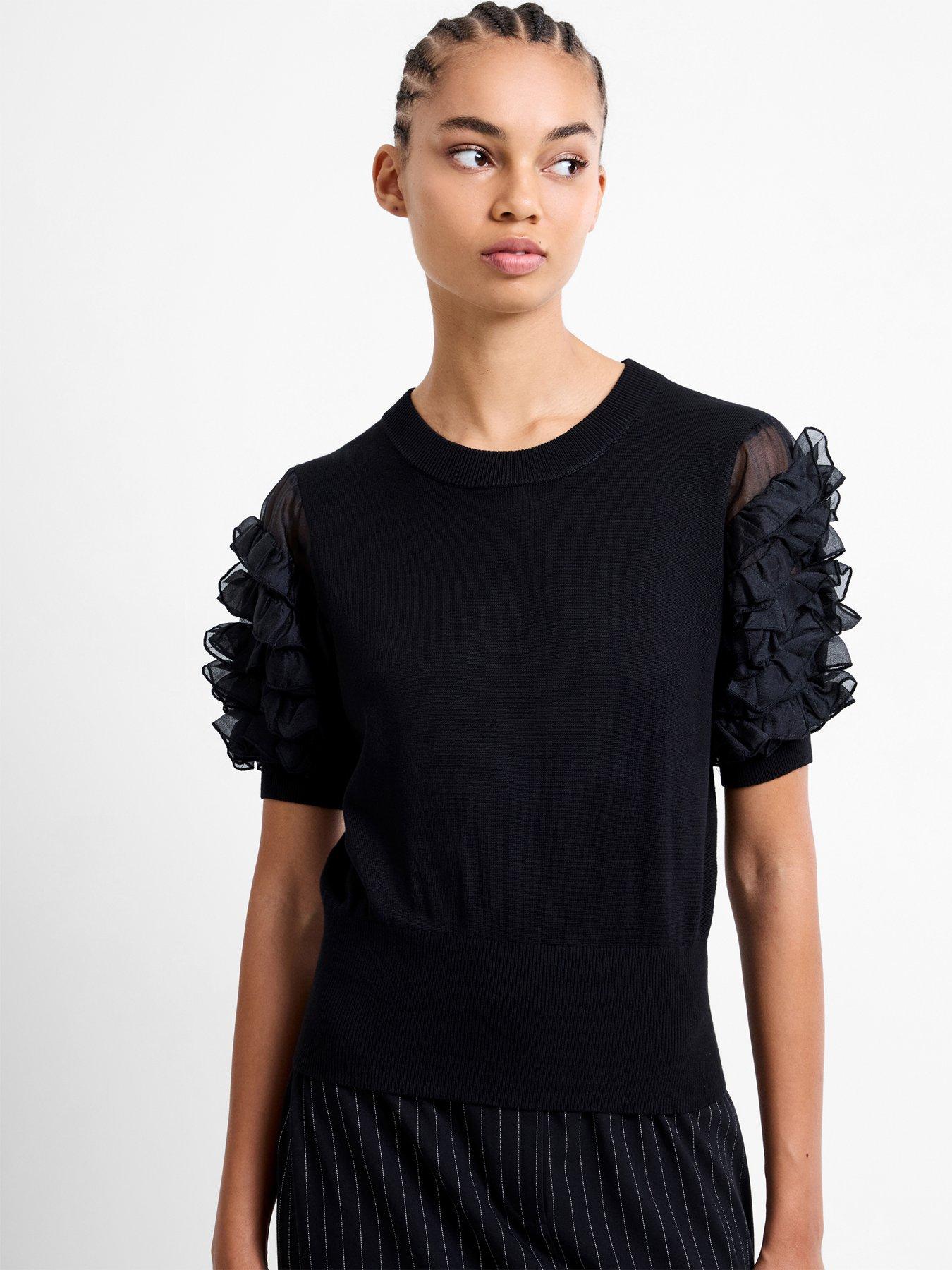 french-connection-short-sleeve-stacked-ruffle-top-black