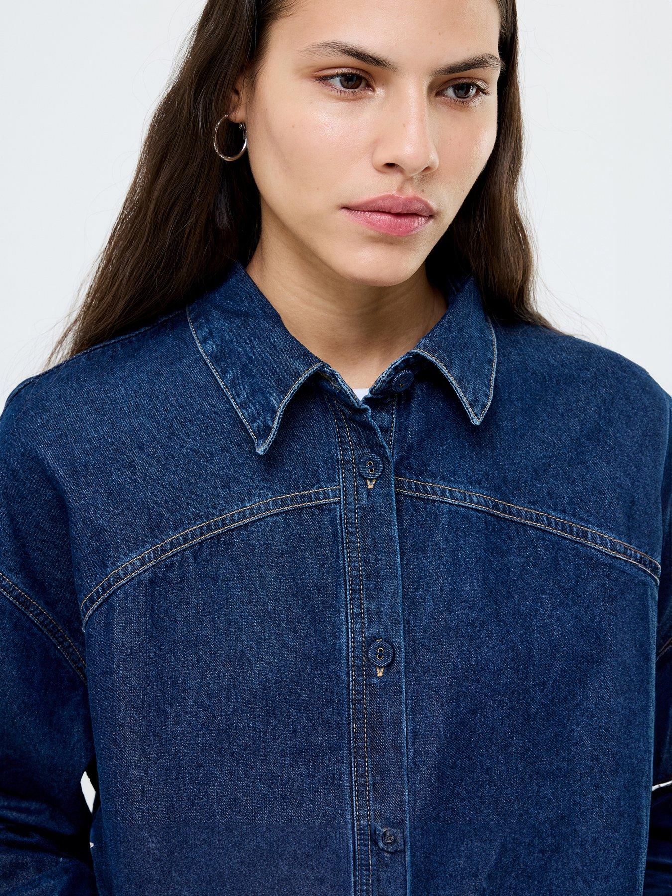  image of french-connection-cotton-cropped-denim-structured-shirt-blue