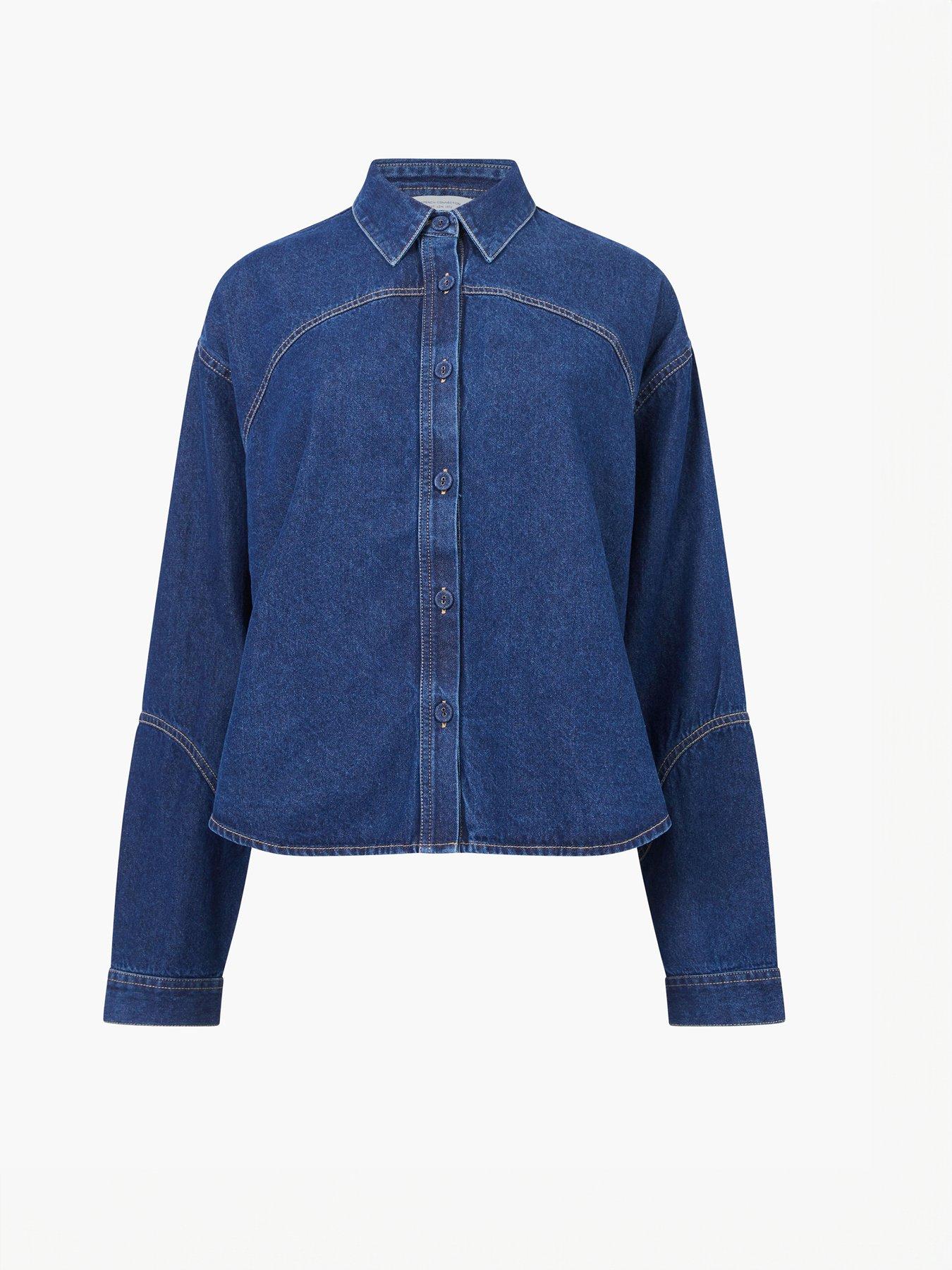  image of french-connection-cotton-cropped-denim-structured-shirt-blue