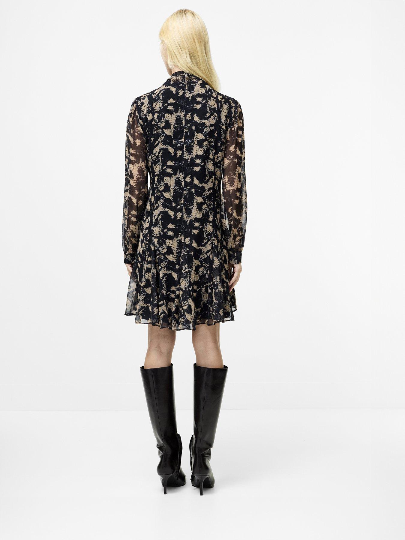 Image 4 of 5 of French Connection Crinkle Chiffon Tie Neck Long Sleeve Mini Dress - Black