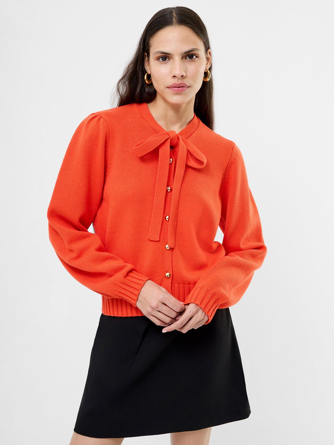french-connection-knit-long-balloon-sleeve-bow-tie-neck-button-up-cardigan-orange